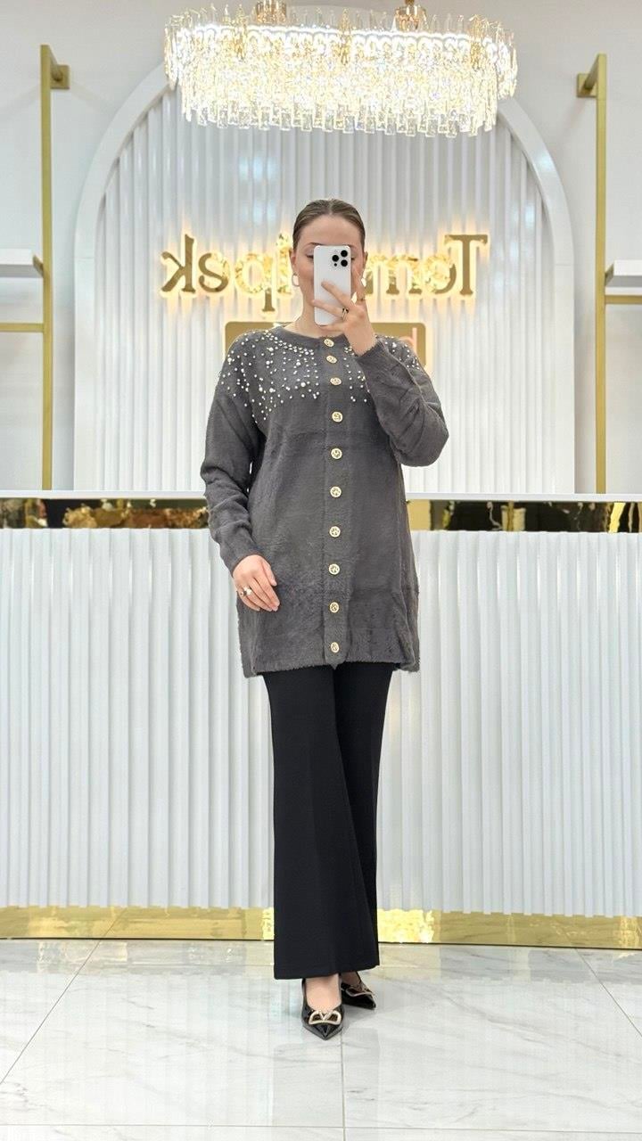 Angora İncili Uzun Ceket 7585
