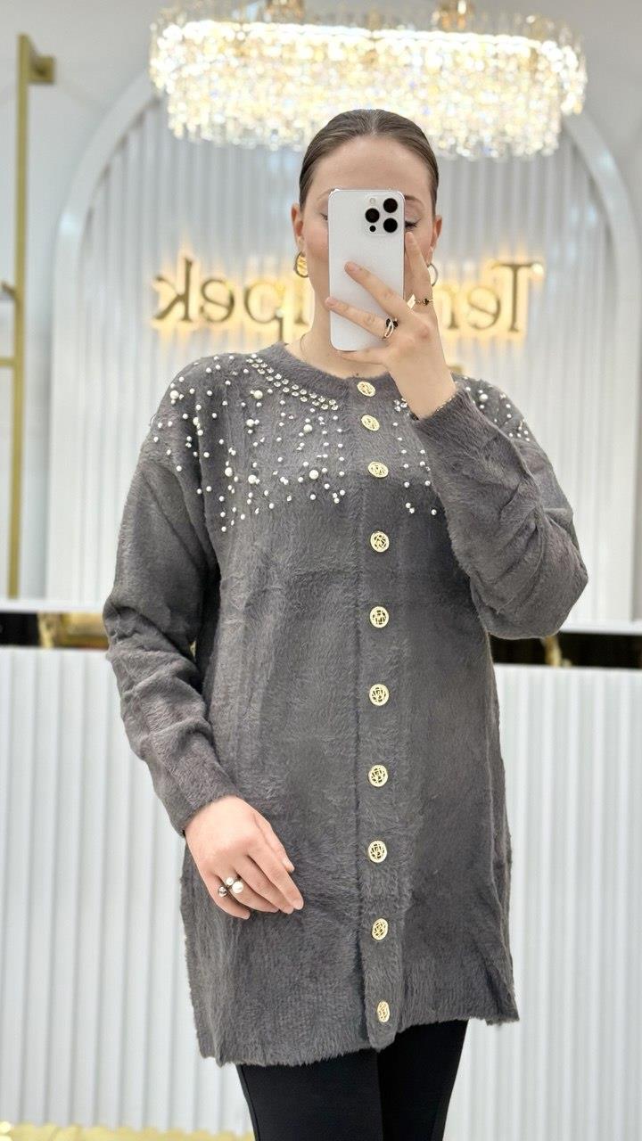 Angora İncili Uzun Ceket 7585