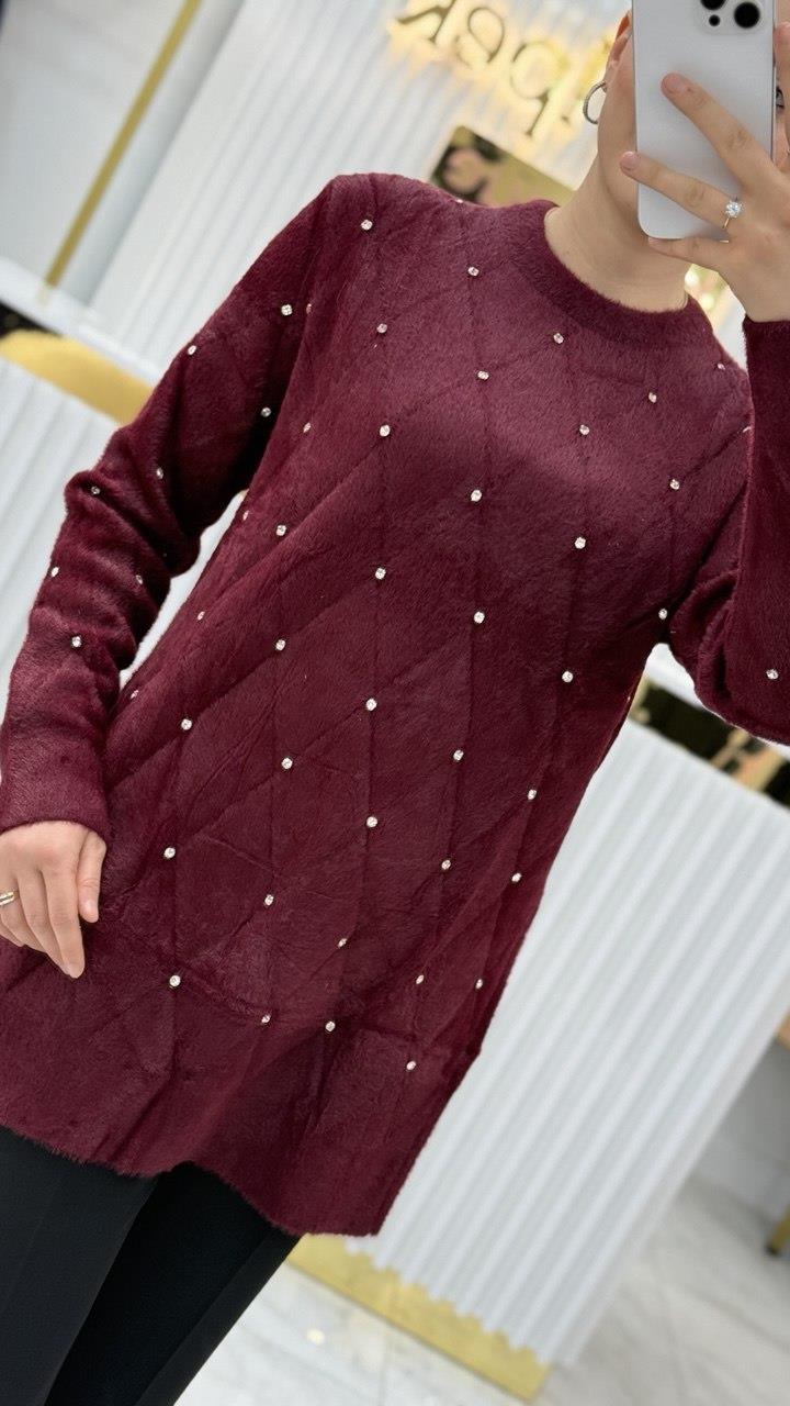 Angora Önü Taşlı Baklavalı Bisiklet Yaka Tunik 140293