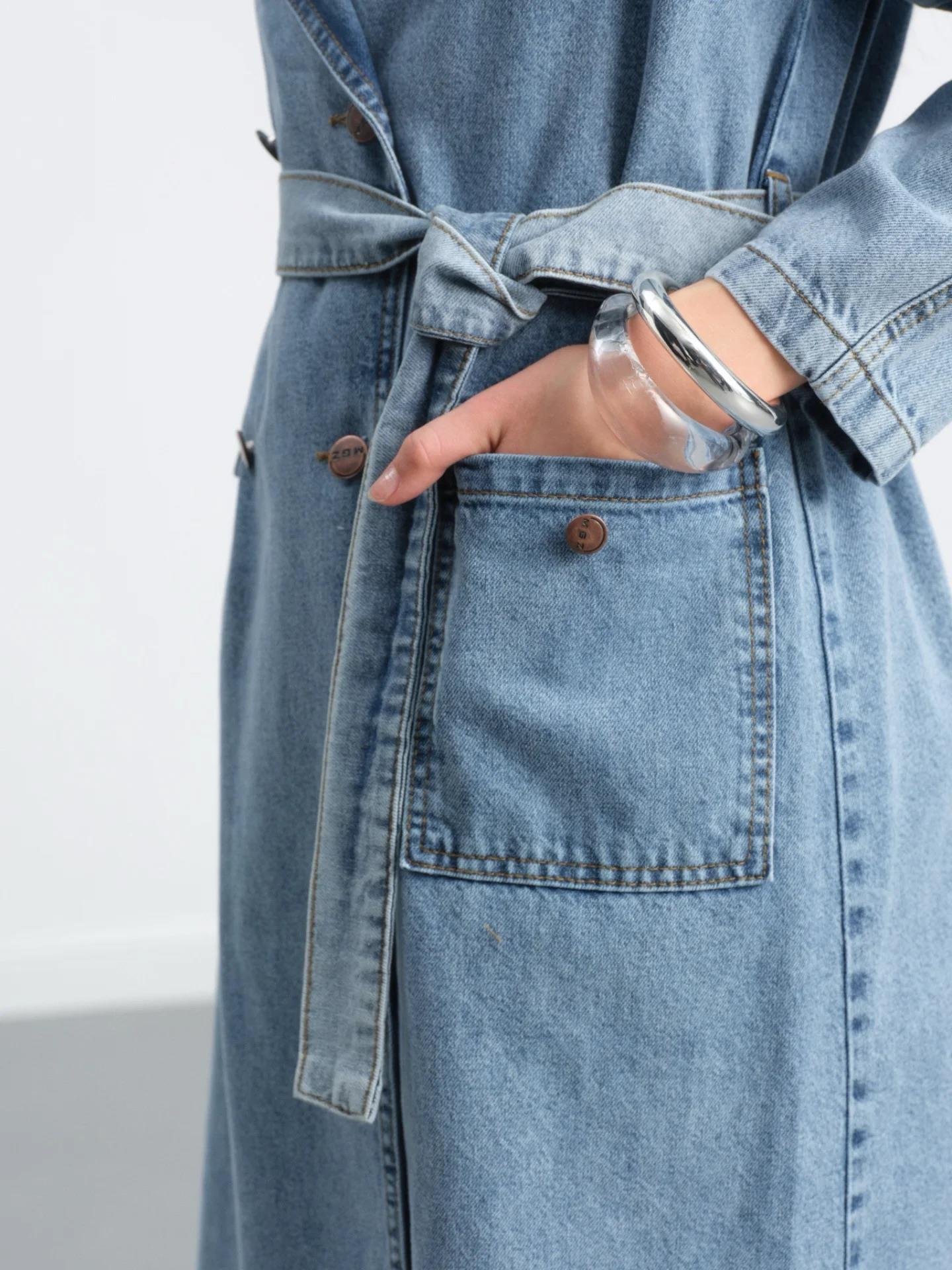 Apolet Omuz Detaylı Kruvaze Yaka Kuşaklı Denim Uzun Denim Gabardin Trençkot 6822