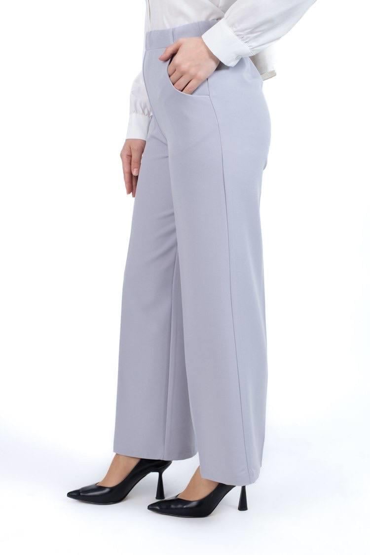 Beli Lastik Detaylı Bol Paça Pantolon Double Kumaş 1496