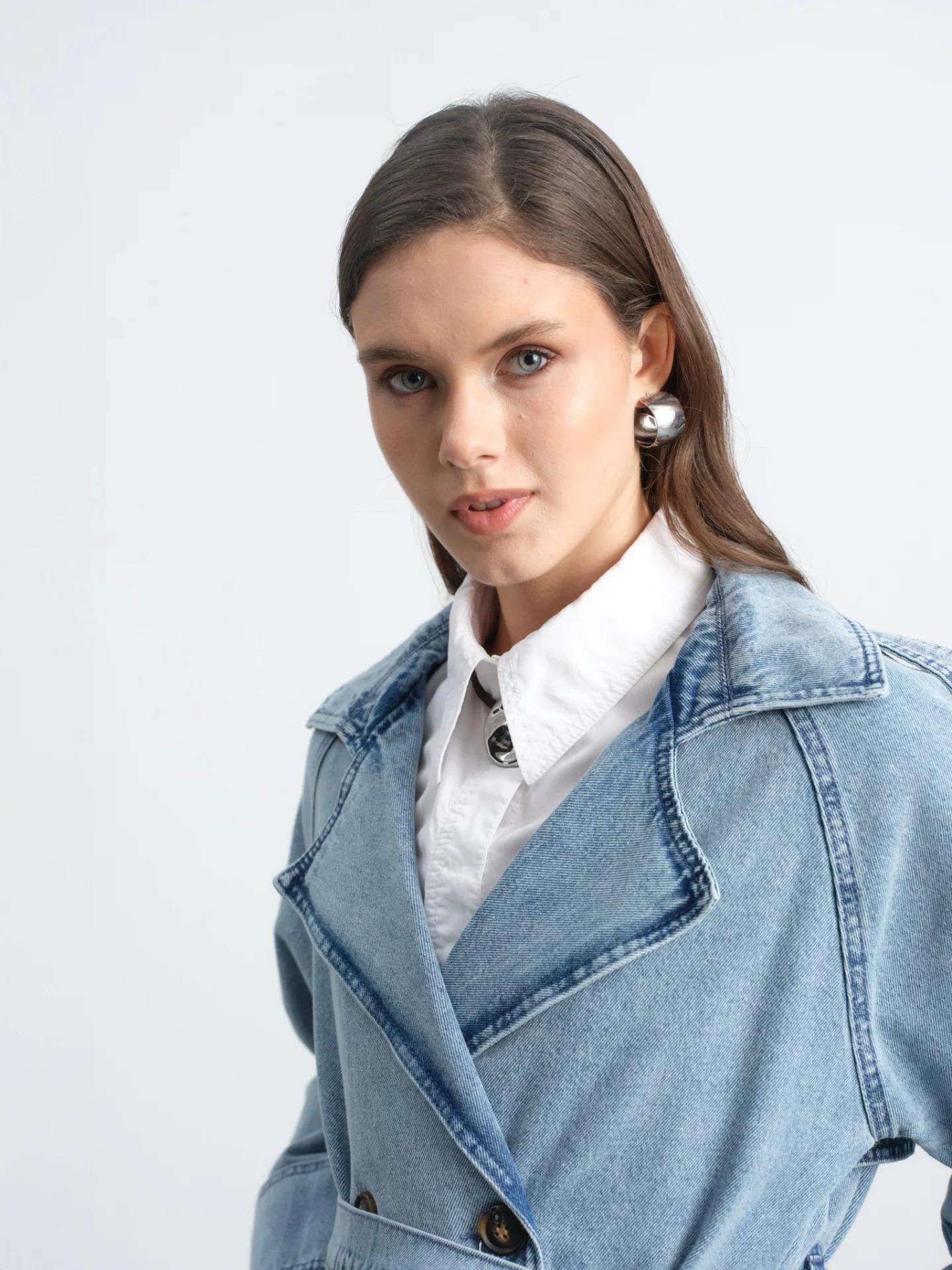 Kruvaze Yaka Kuşaklı Cepli Denim Trençkot 7274