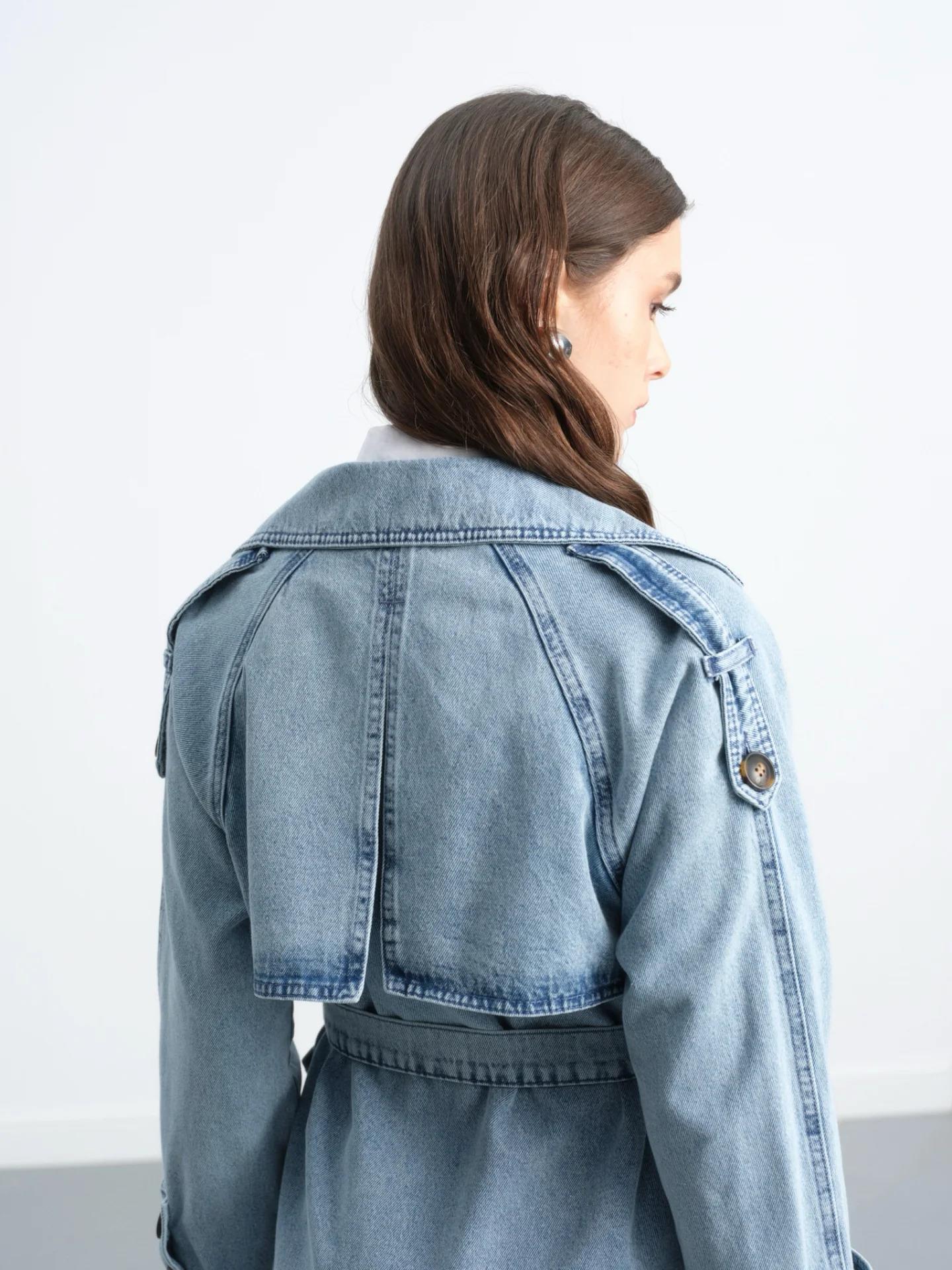 Kruvaze Yaka Kuşaklı Cepli Denim Trençkot 7274