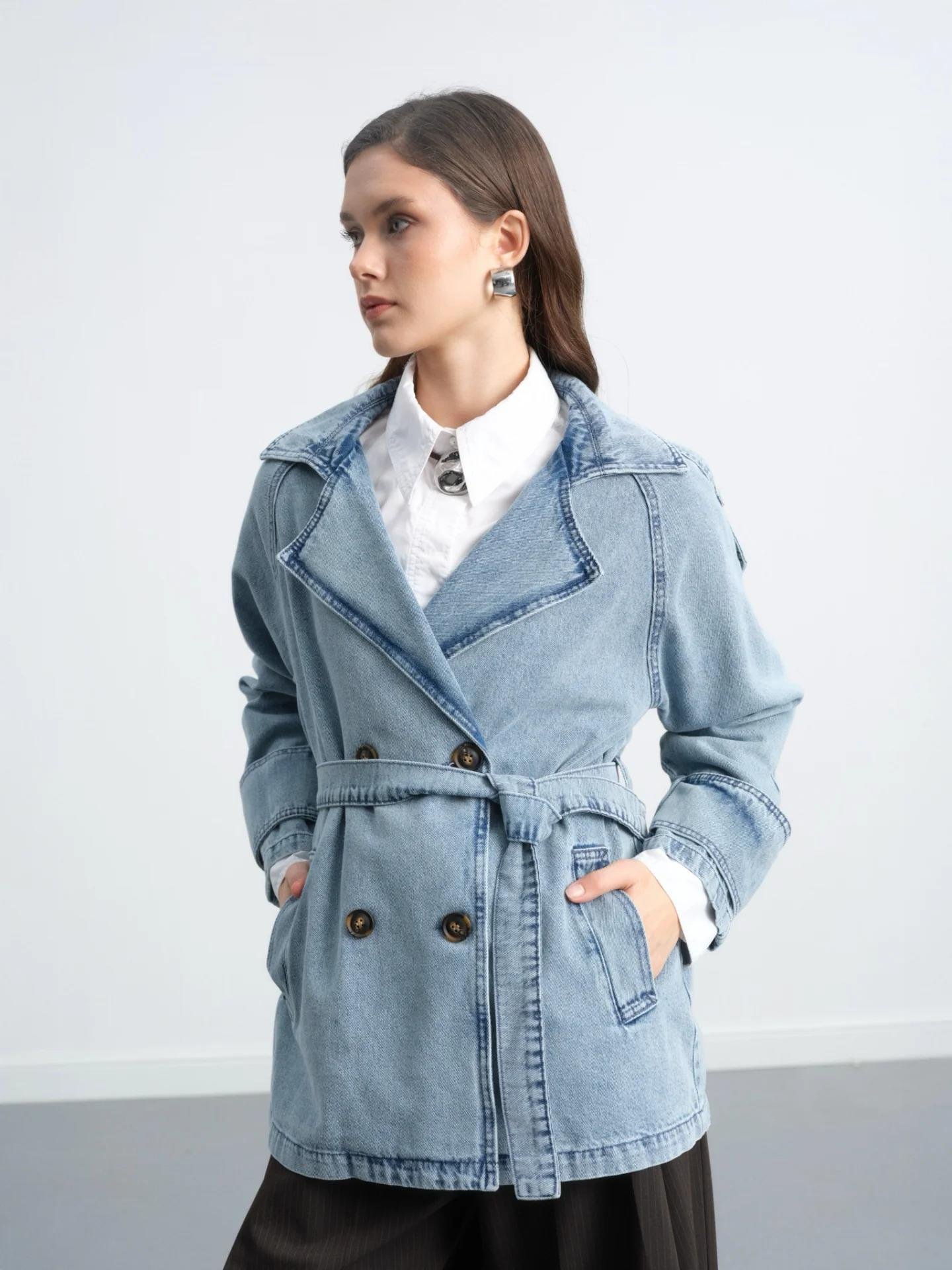 Kruvaze Yaka Kuşaklı Cepli Denim Trençkot 7274