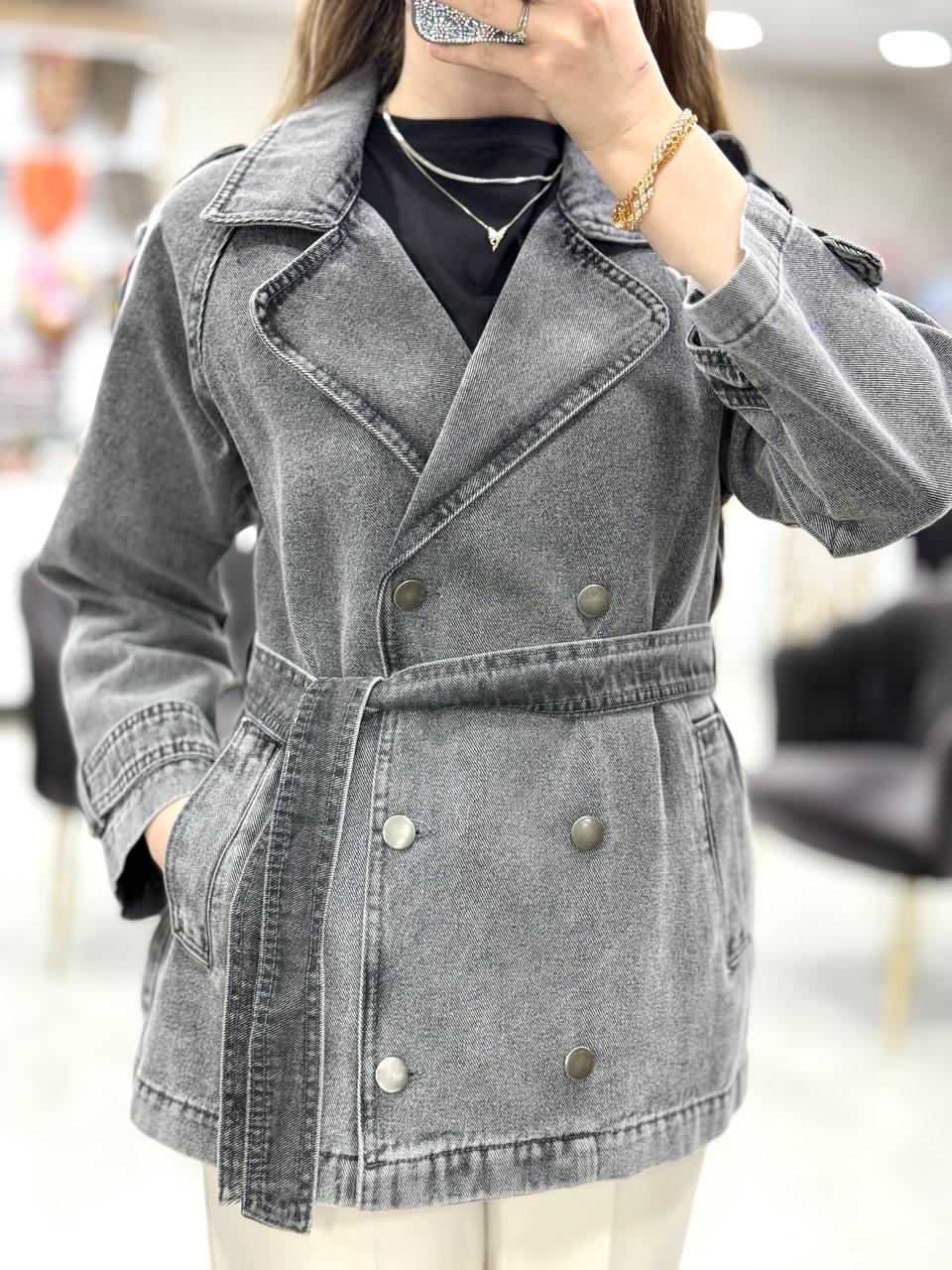 Kruvaze Yaka Kuşaklı Cepli Kısa Denim Kot Trençkot 7228