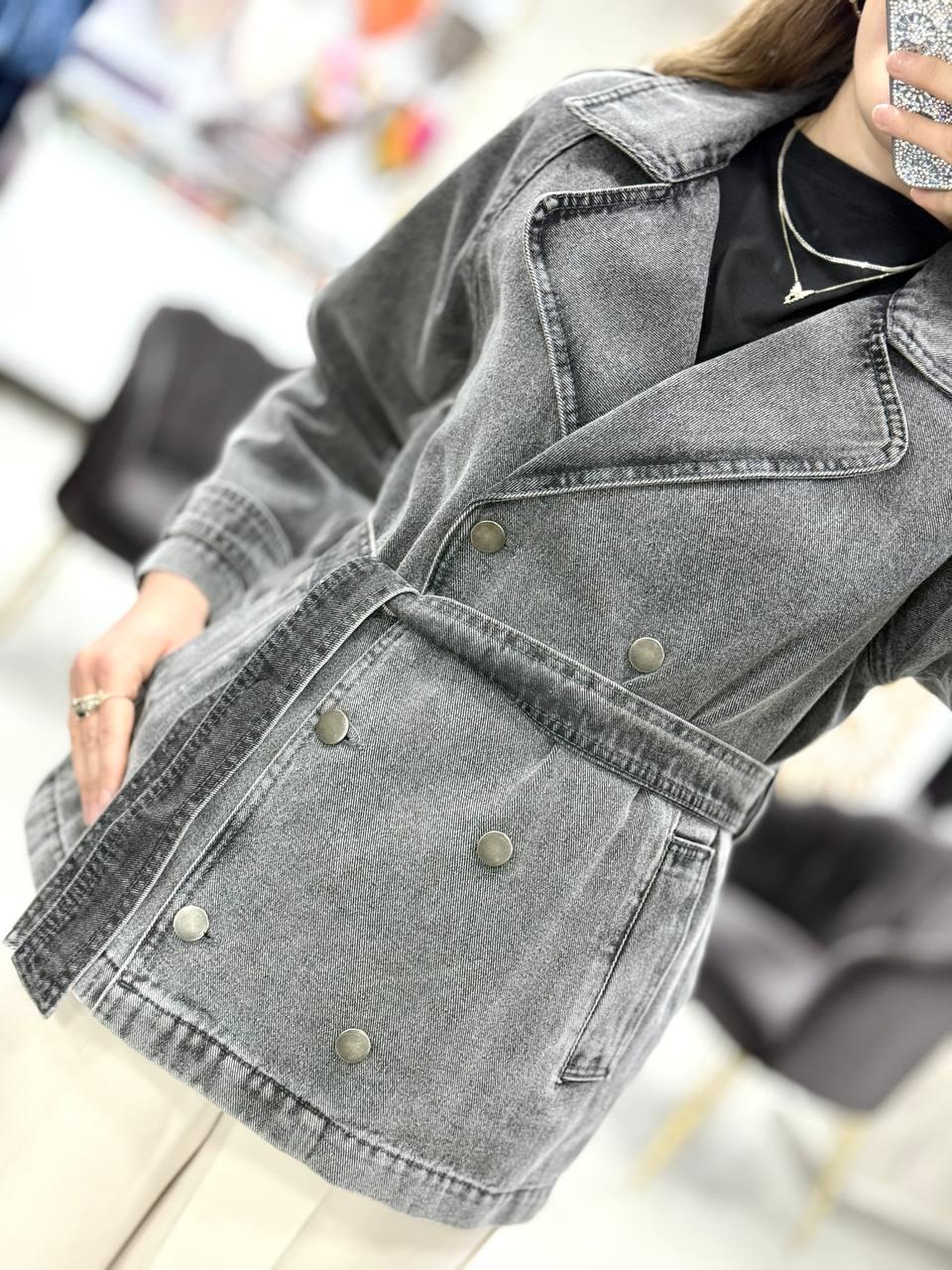 Kruvaze Yaka Kuşaklı Cepli Kısa Denim Kot Trençkot 7228