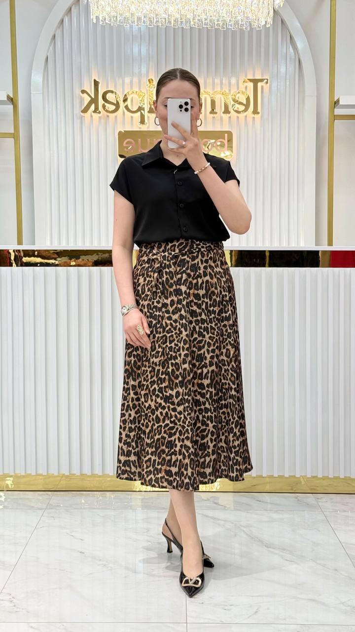Leopar Kuşaklı 8 Parça Saten Etek K24ET024