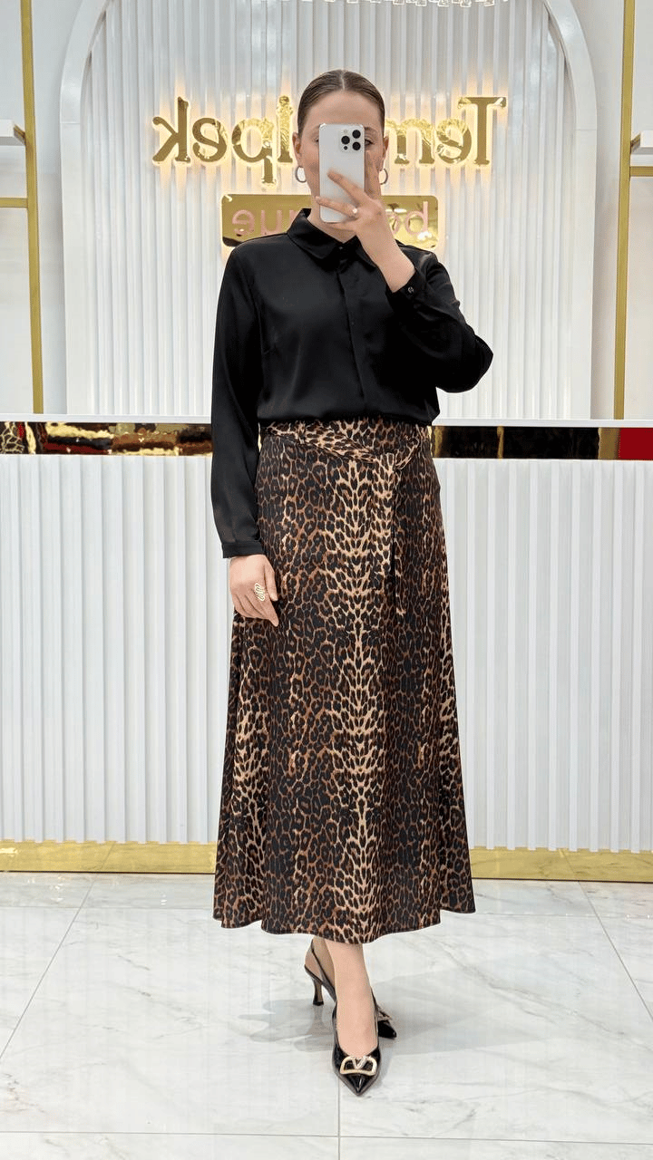 Leopar Kuşaklı Saten Etek K24ET025
