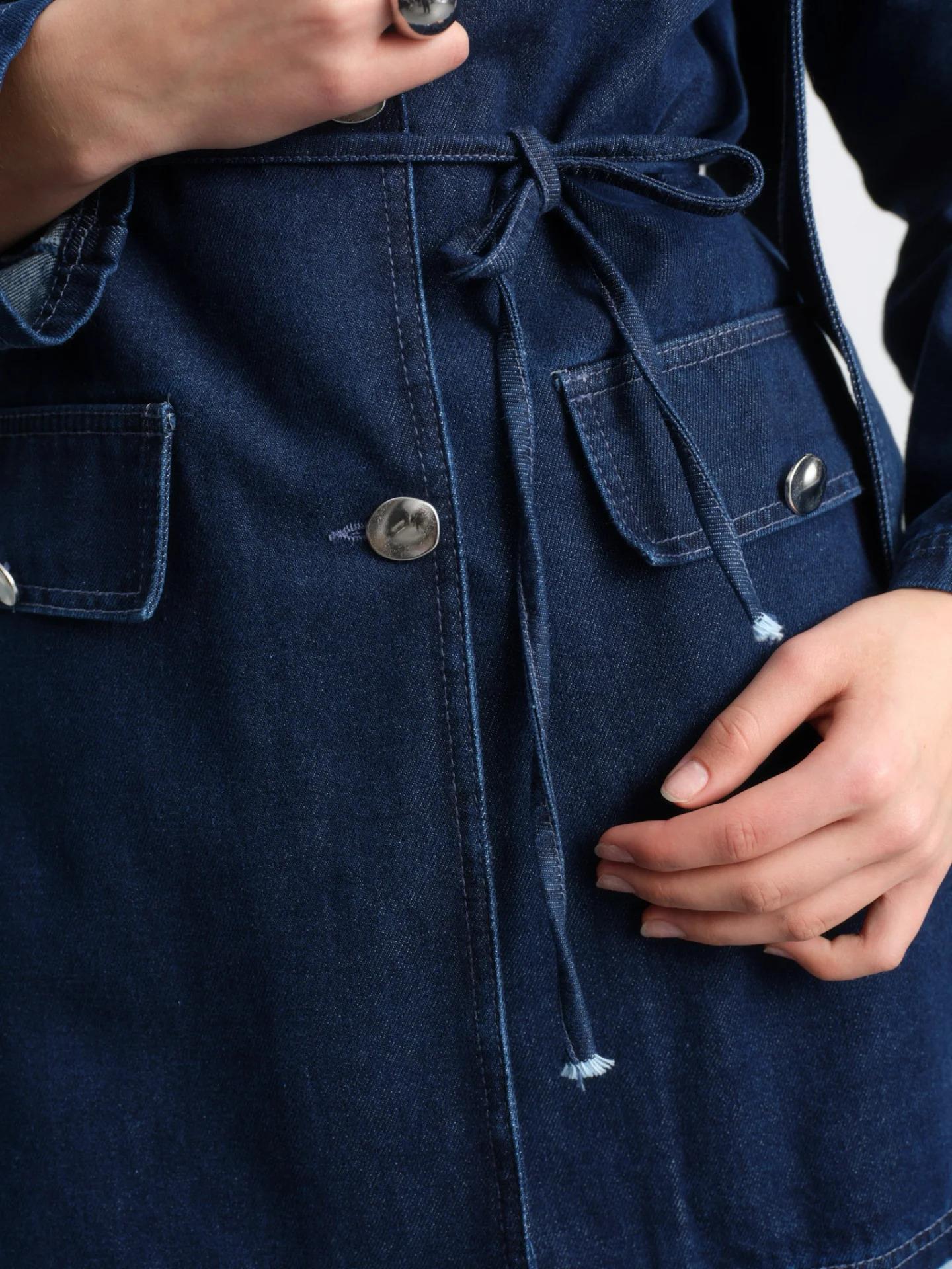 Omuz Pat Detaylı Taş İşlemeli İp Kuşaklı Denim Kot Ceket 7294