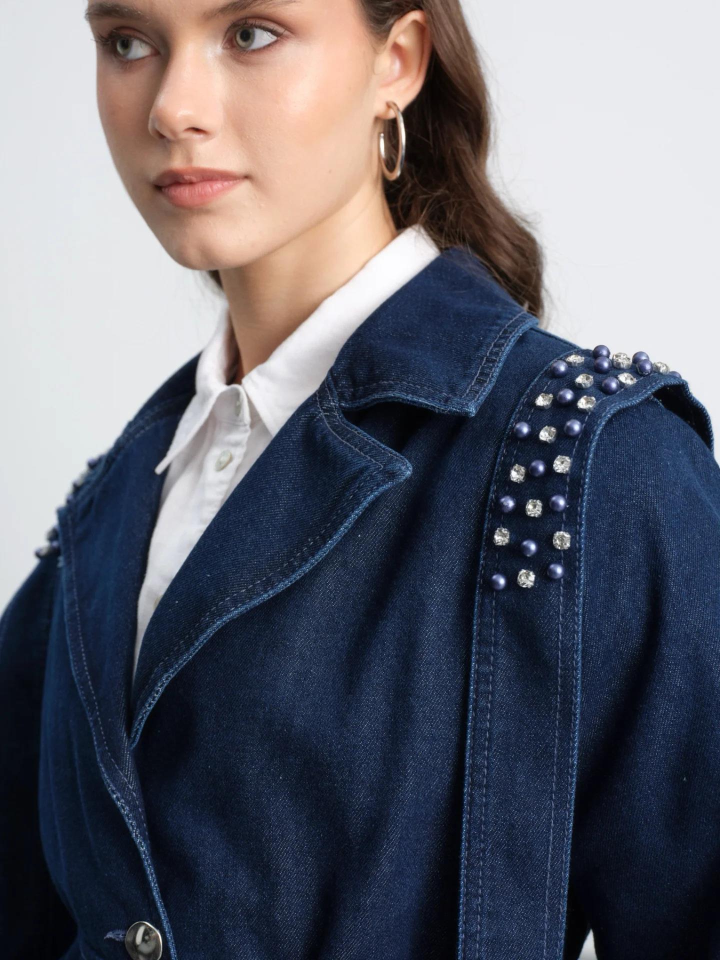 Omuz Pat Detaylı Taş İşlemeli İp Kuşaklı Denim Kot Ceket 7294