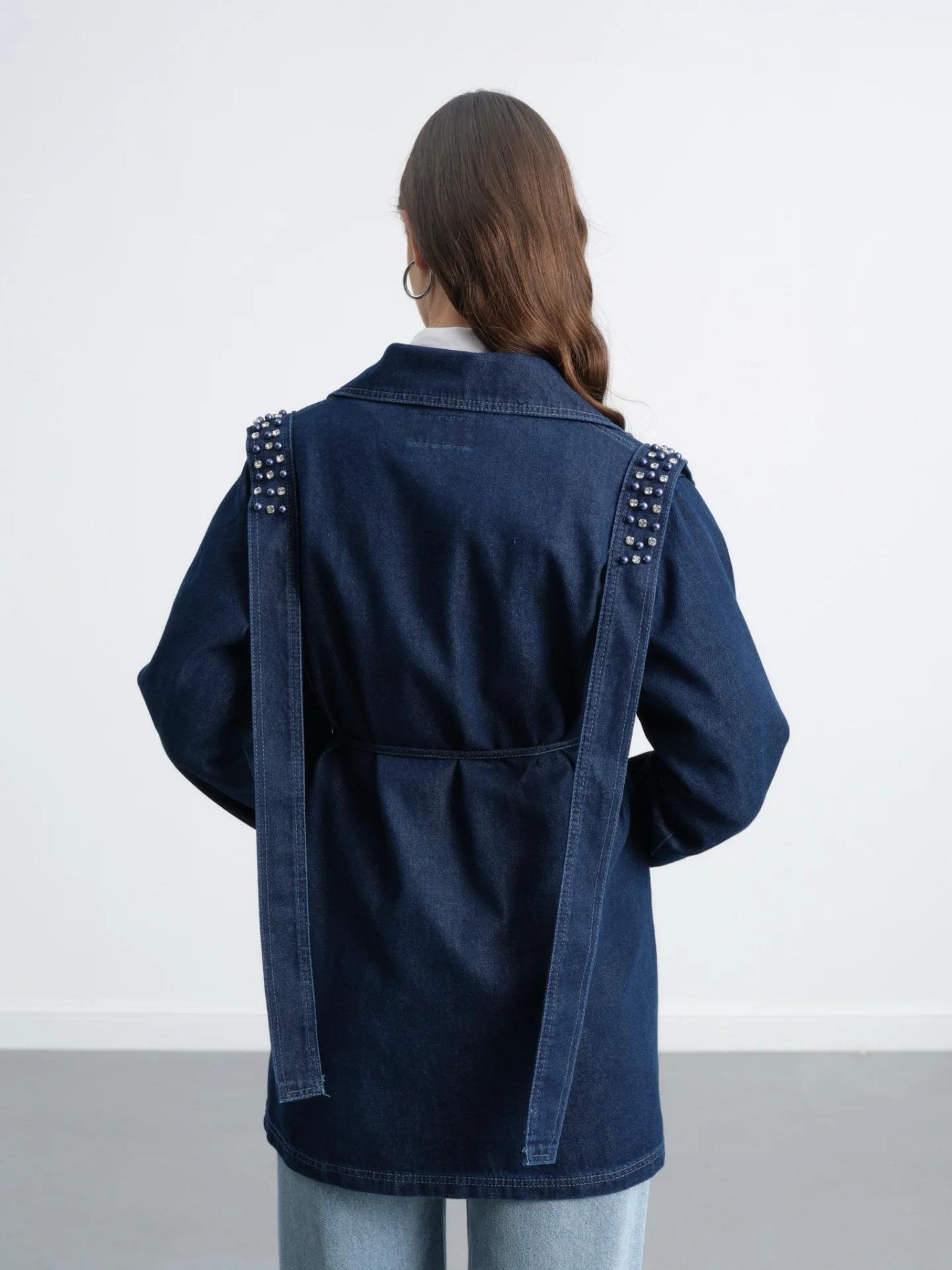 Omuz Pat Detaylı Taş İşlemeli İp Kuşaklı Denim Kot Ceket 7294