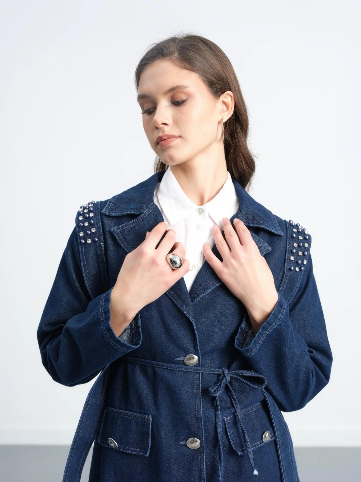 Omuz Pat Detaylı Taş İşlemeli İp Kuşaklı Denim Kot Ceket 7294