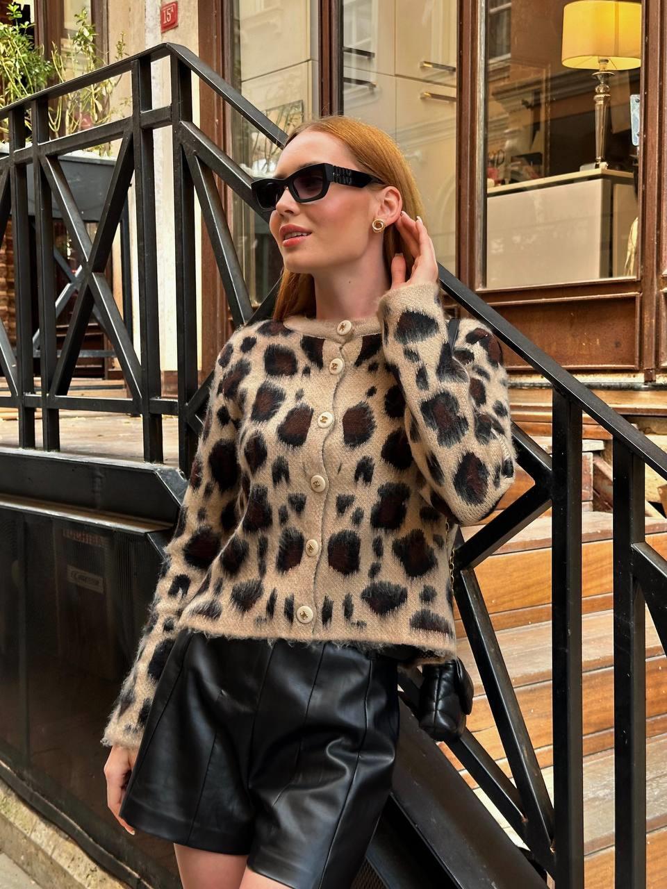 Şardonlu Leopar Kısa Ceket 7596