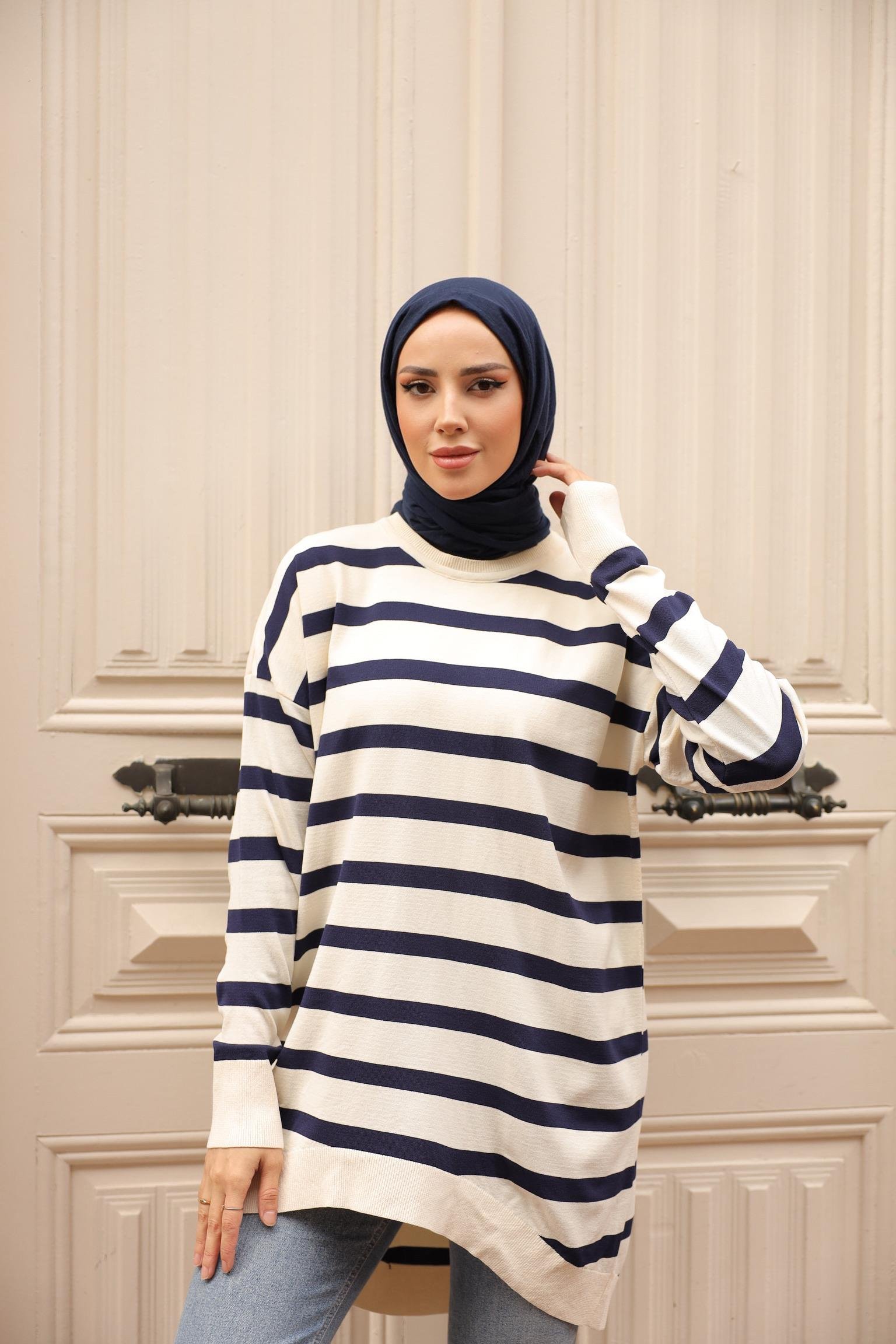 Soğuk Tuşe Oversize Çizgili Tunik 14854