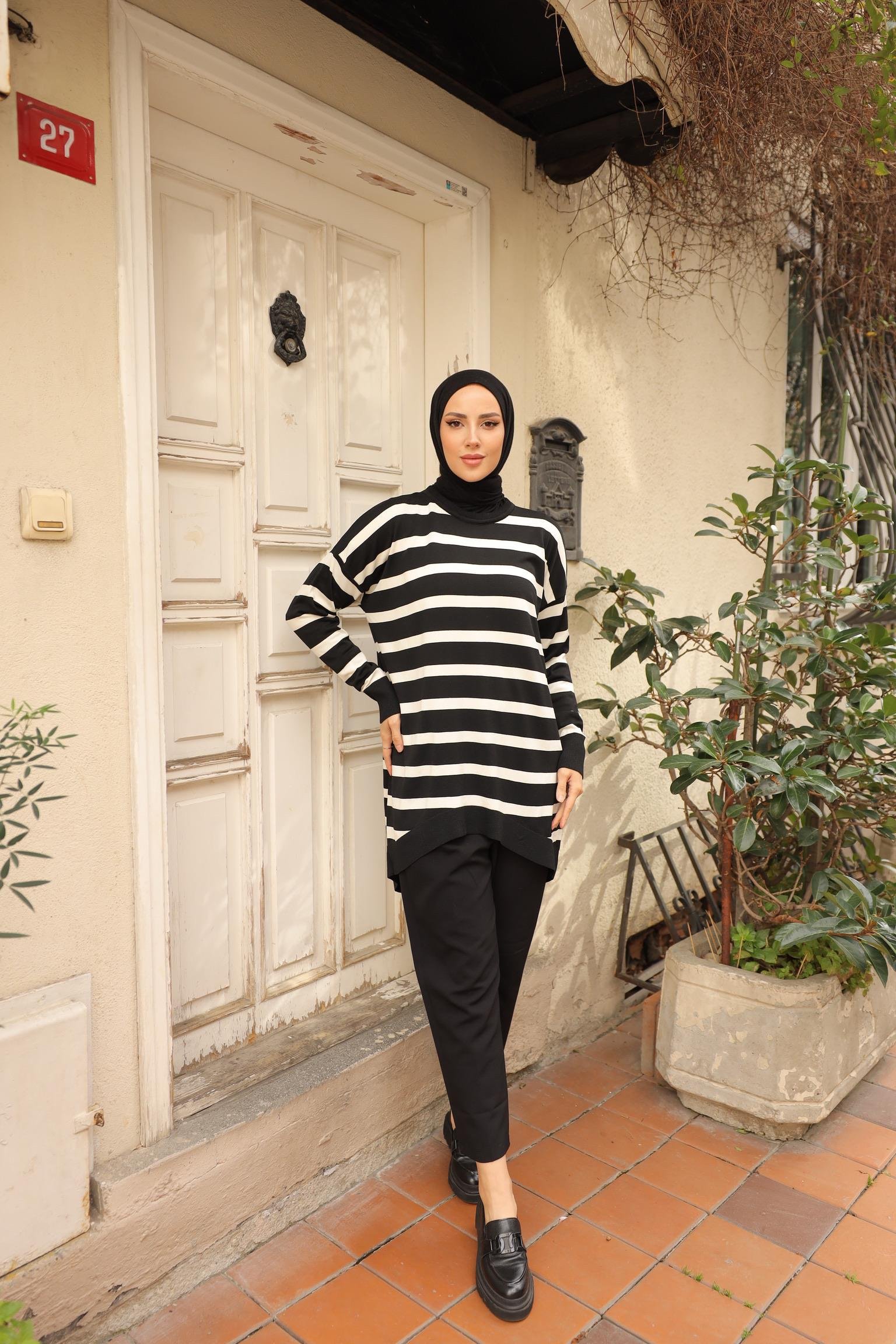 Soğuk Tuşe Oversize Çizgili Tunik 14854