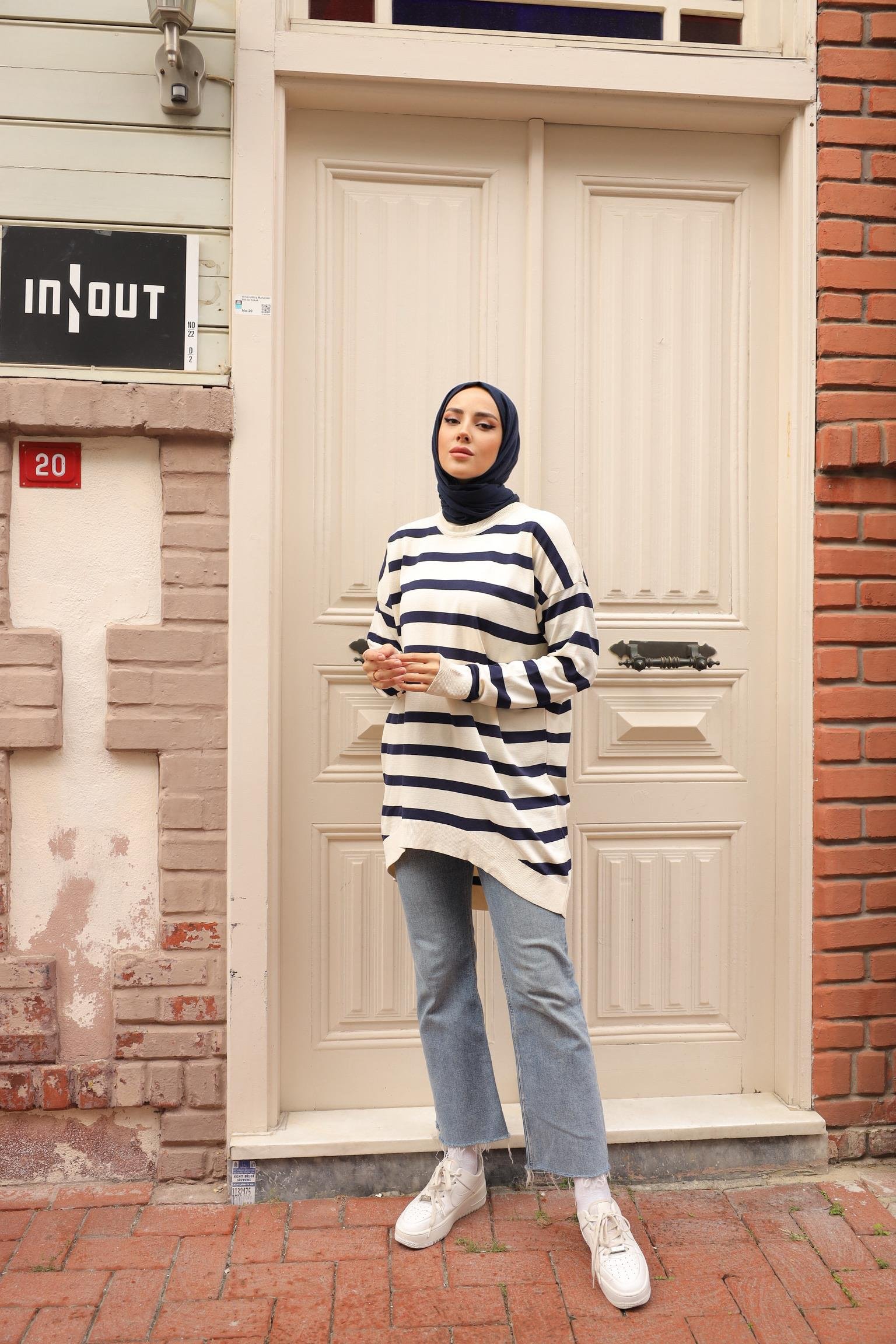 Soğuk Tuşe Oversize Çizgili Tunik 14854