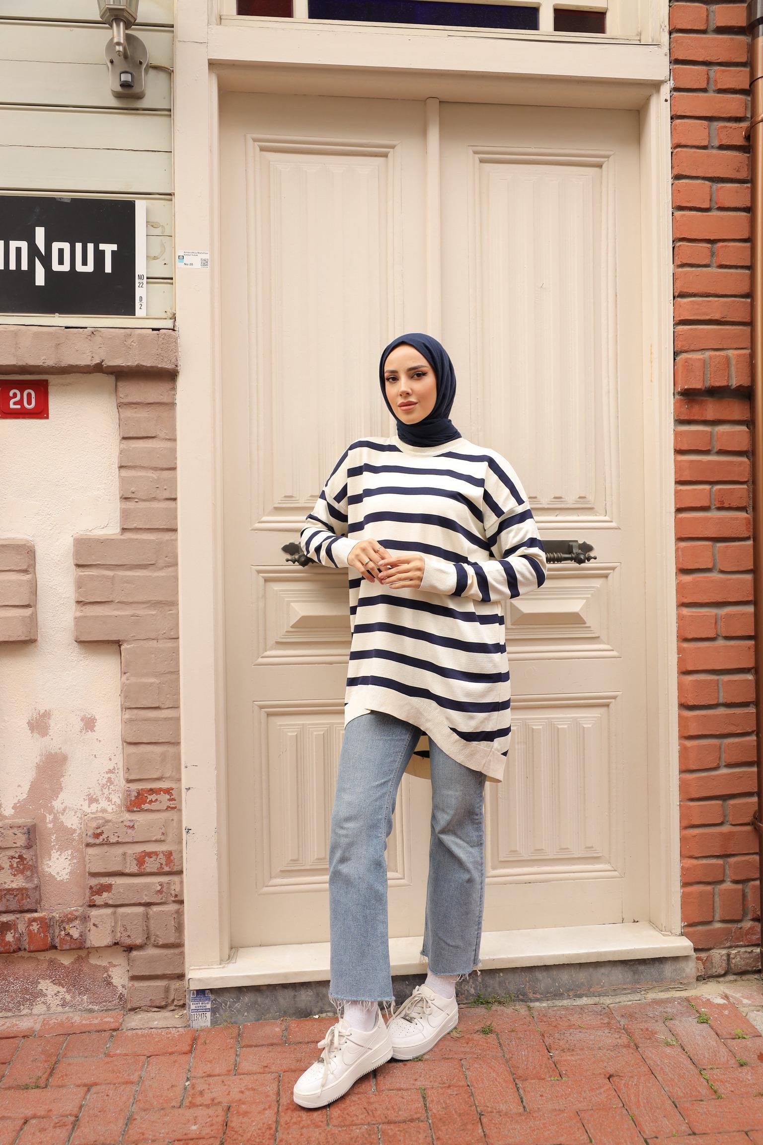 Soğuk Tuşe Oversize Çizgili Tunik 14854