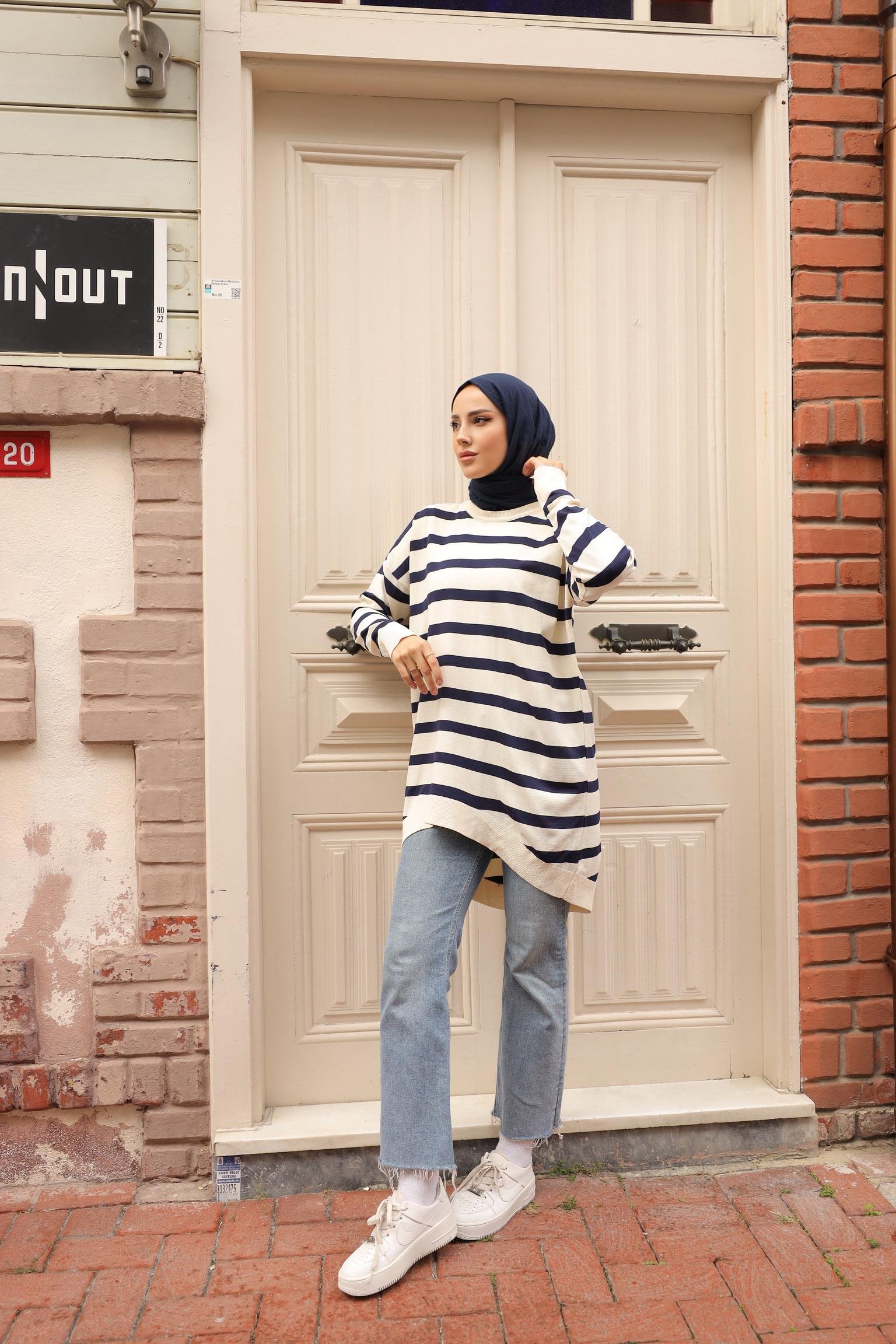 Soğuk Tuşe Oversize Çizgili Tunik 14854