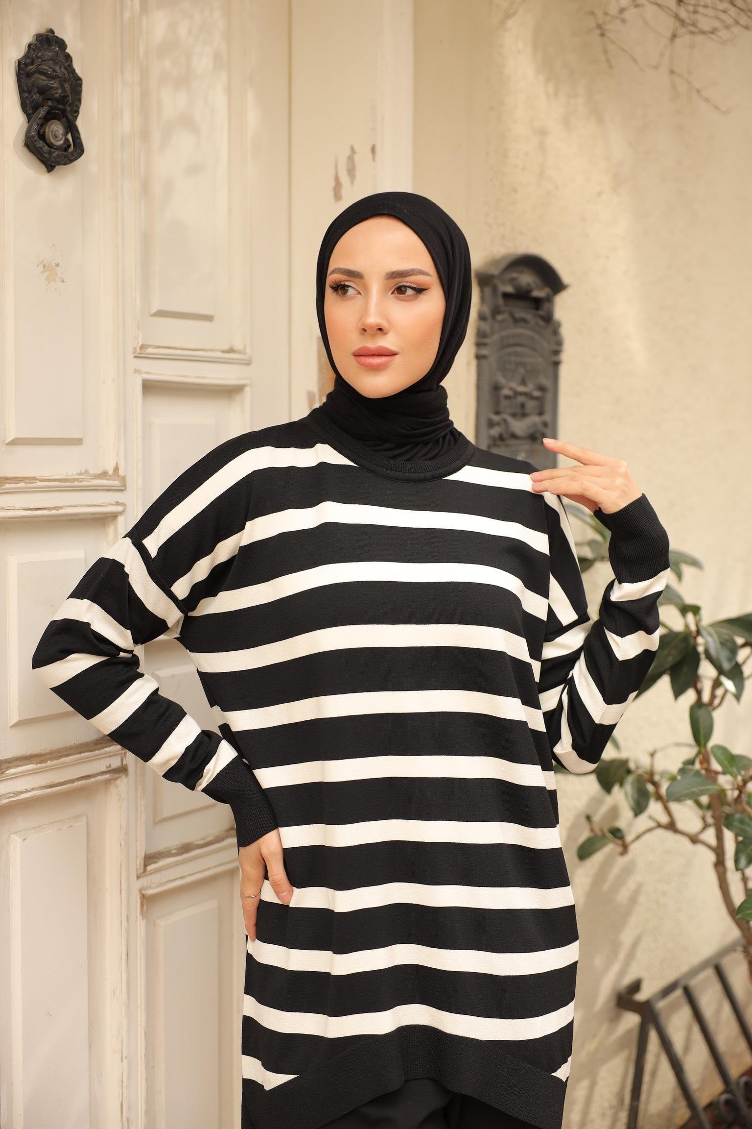 Soğuk Tuşe Oversize Çizgili Tunik 14854
