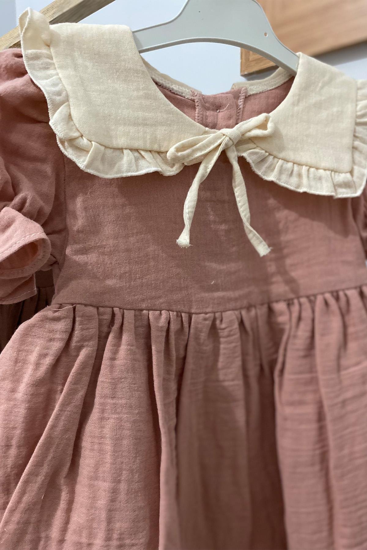 Kız Bebek Vintage Fırfır Yaka Detaylı %100 Keten Elbise