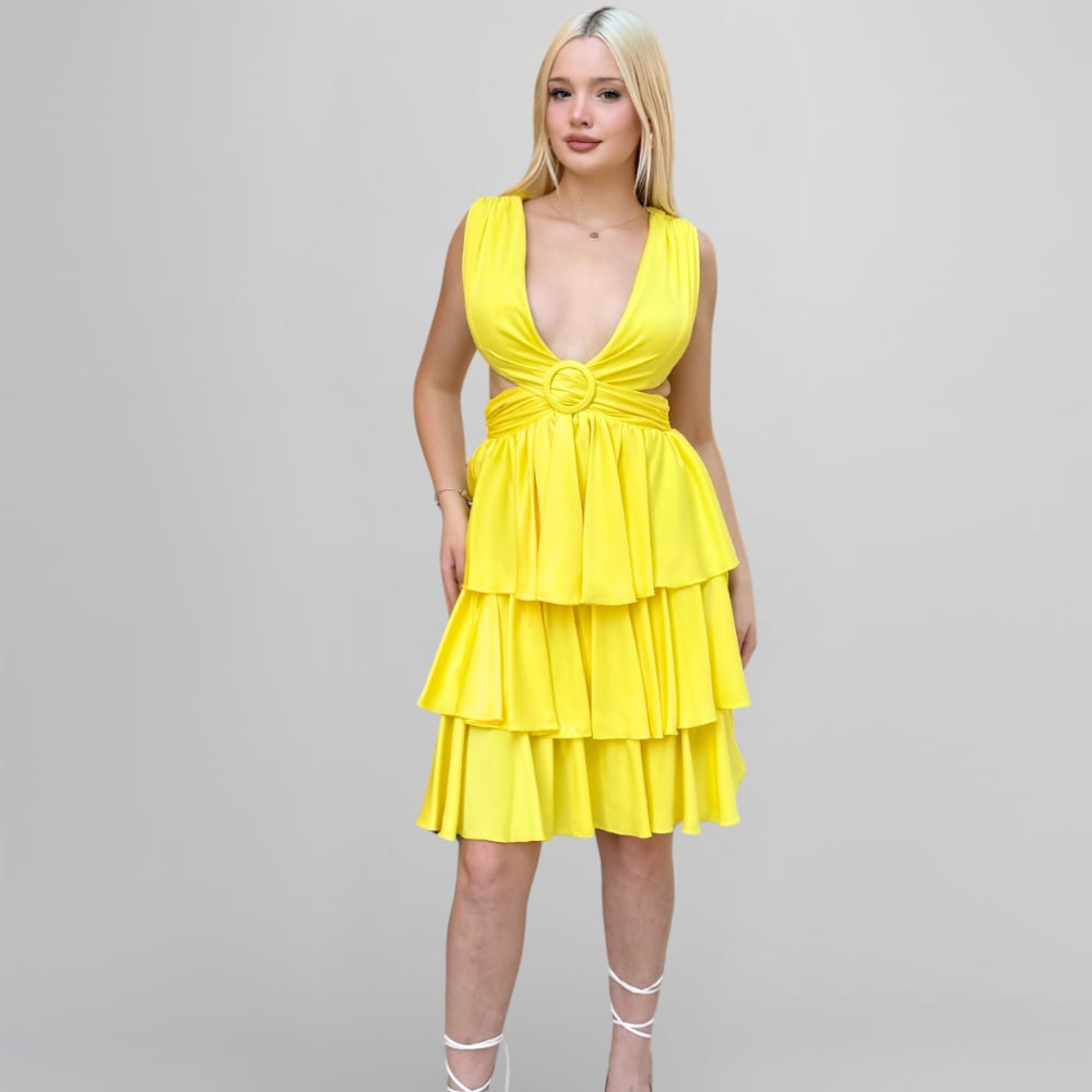 Sarı Kuşak Detaylı Mini Elbise