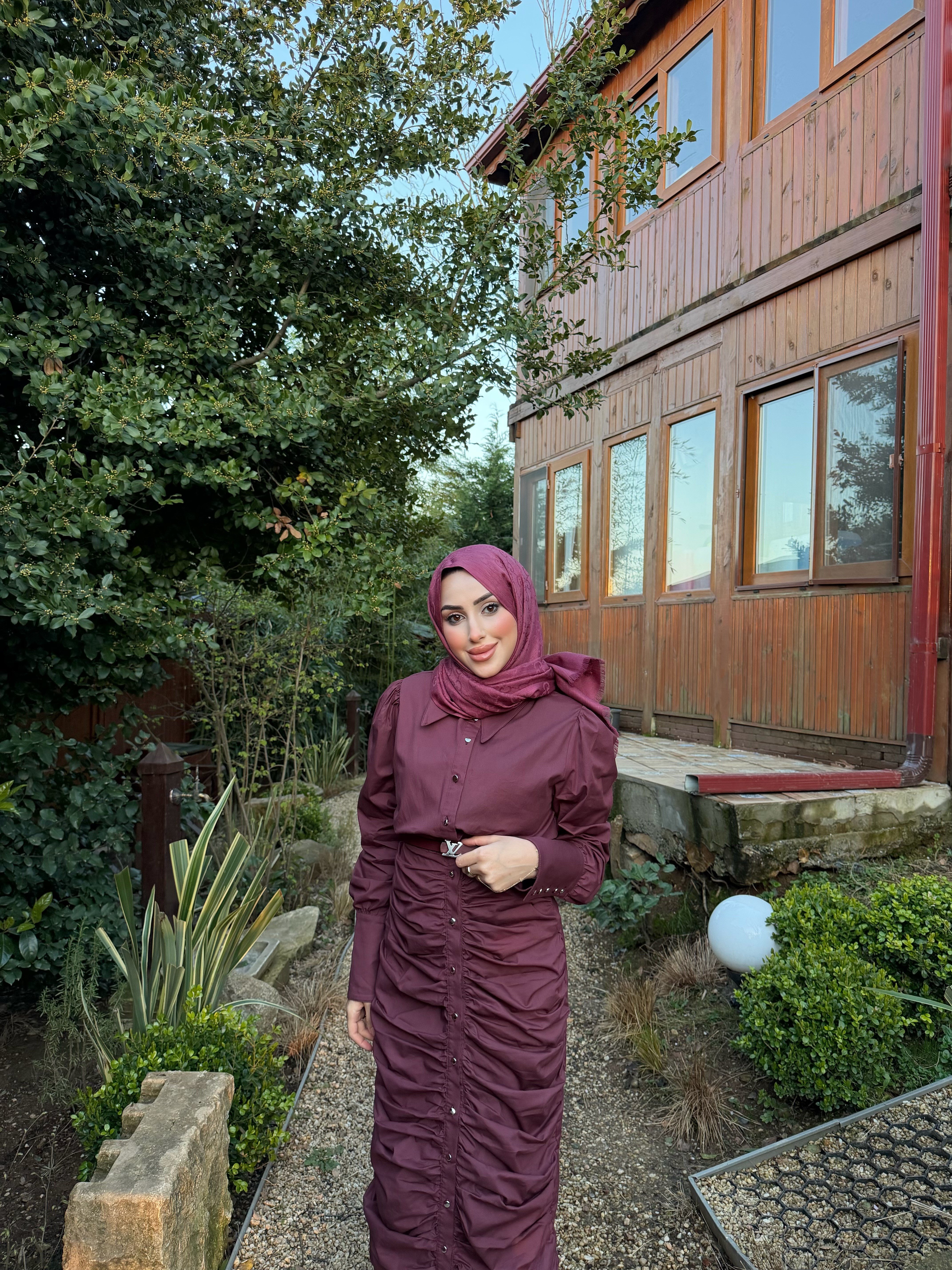 BÜZGÜLÜ TASARIM GÖMLEK ELBİSE-BORDO