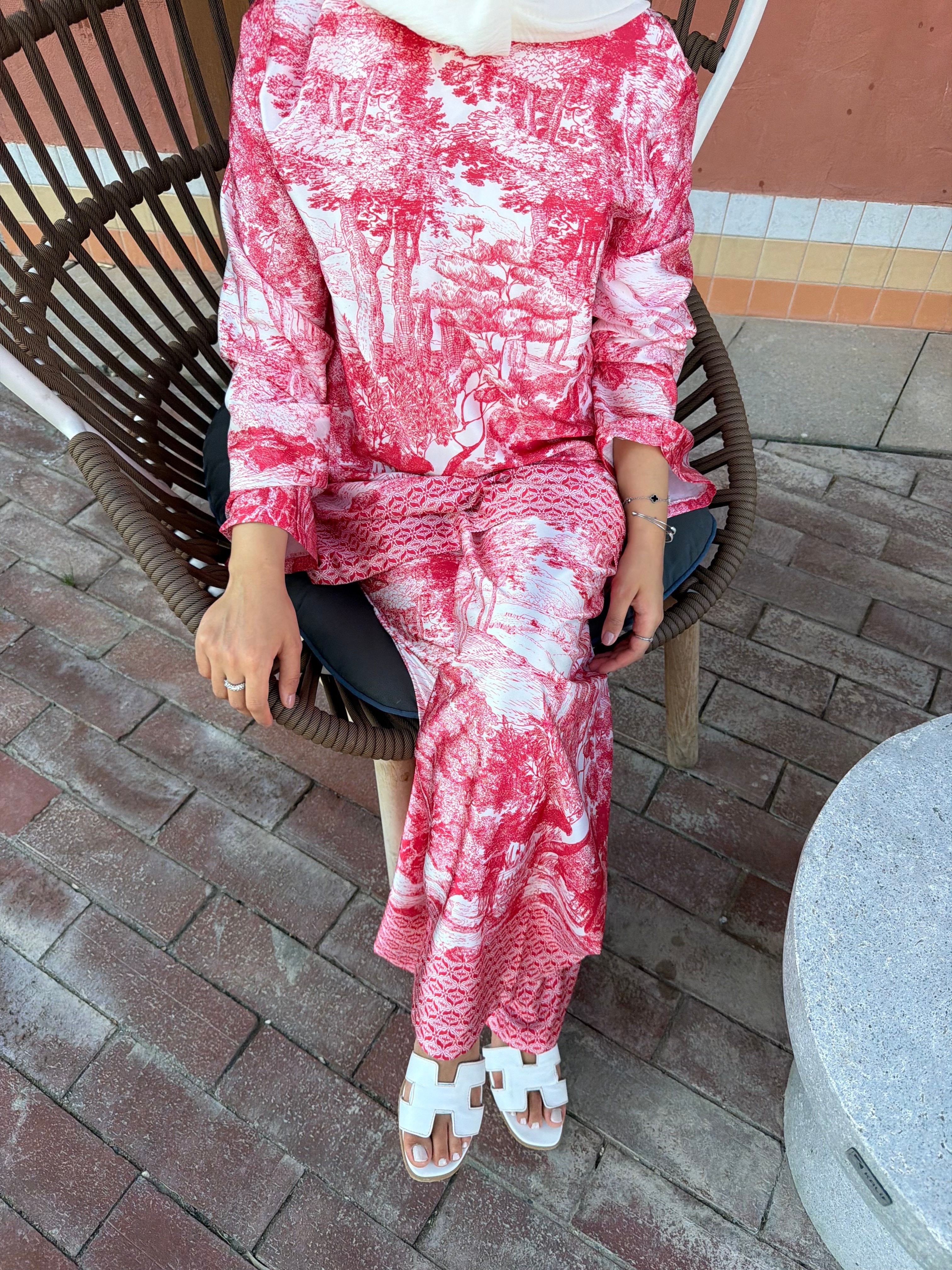 LİHEL DESENLİ PANTOLONLU TAKIM- PEMBE