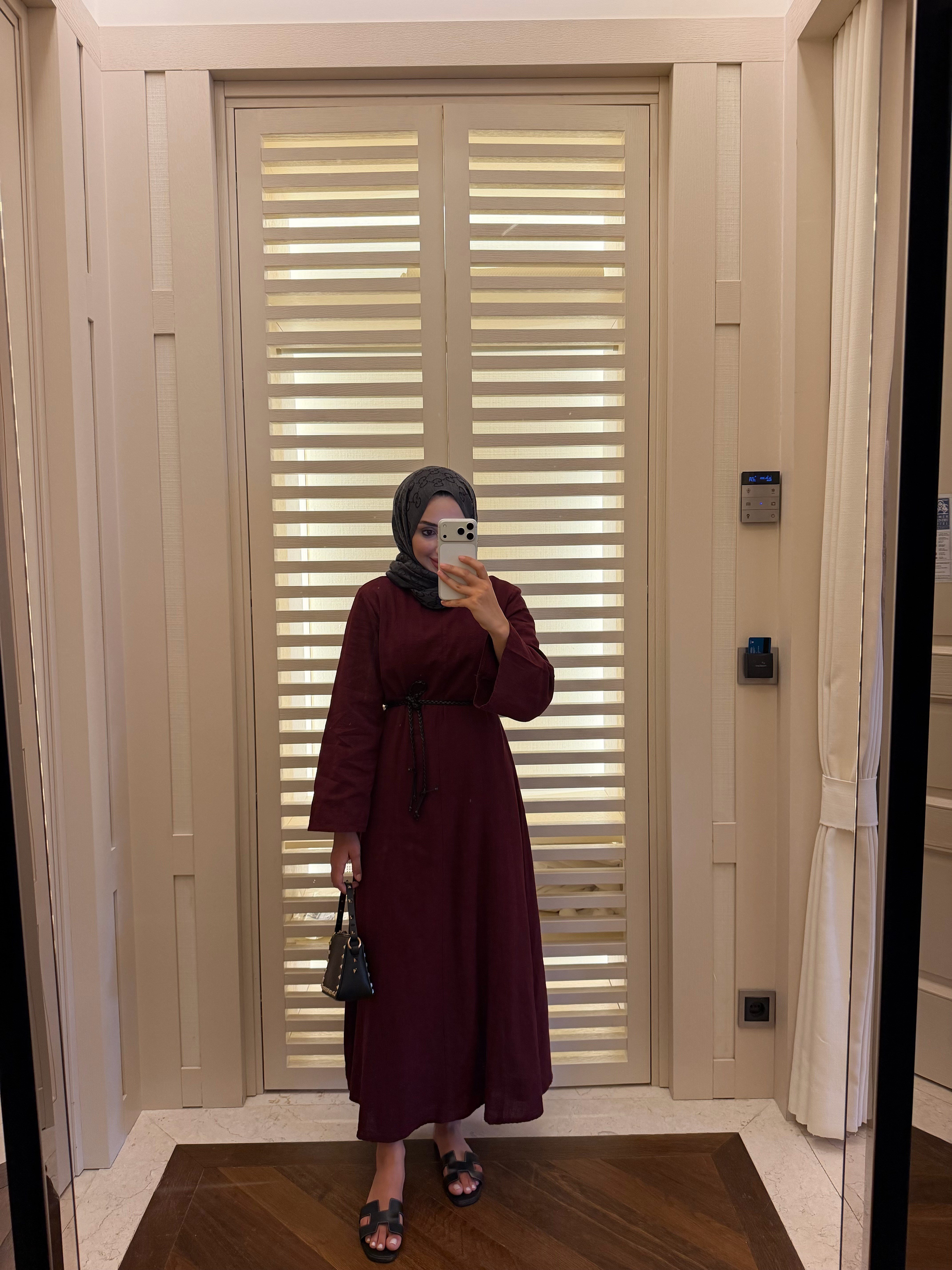 SORE KETEN ELBİSE- BORDO