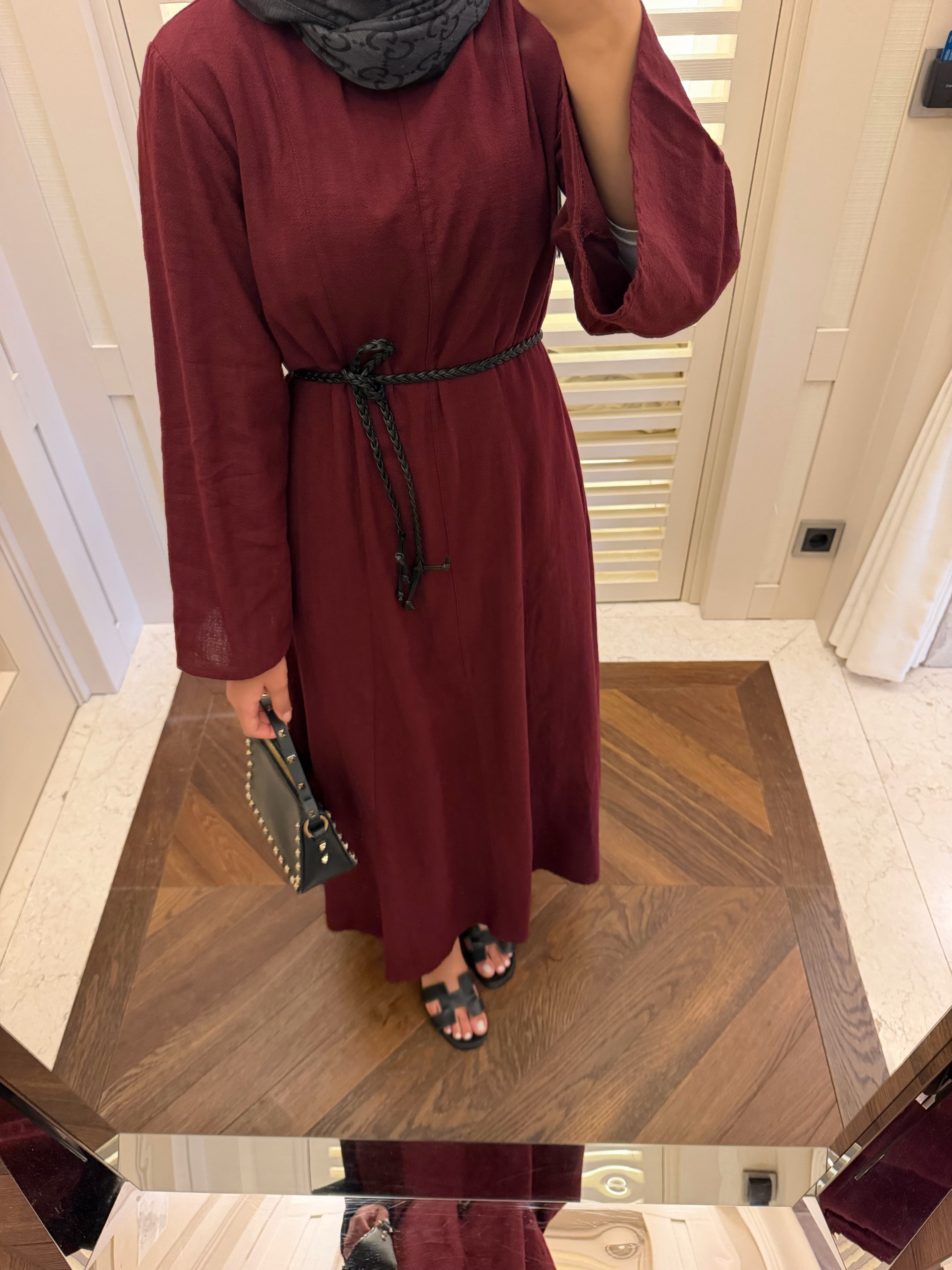 SORE KETEN ELBİSE- BORDO