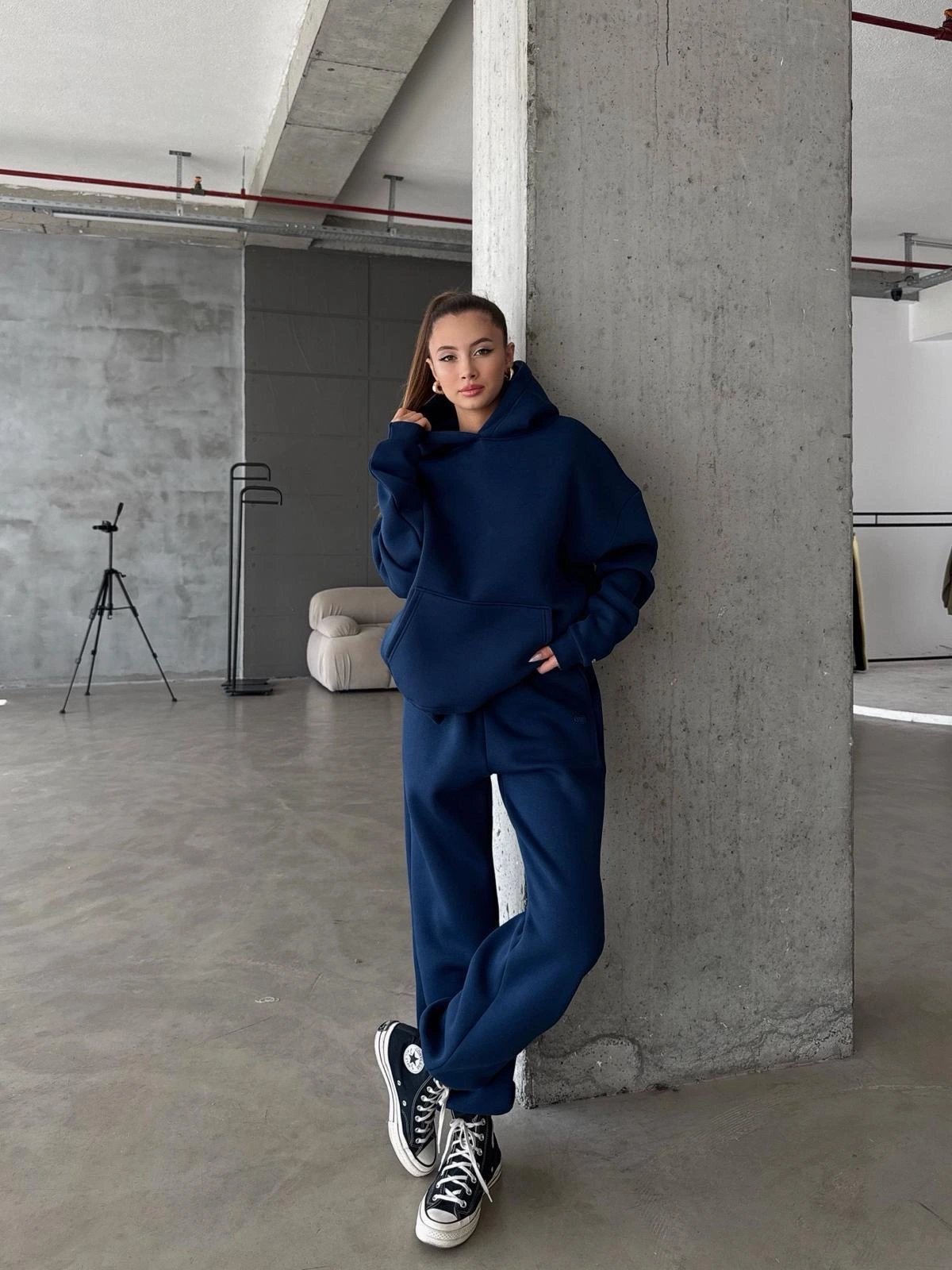 3 iplik şardonlu kapşonlu sweatshirt lacivert p510436