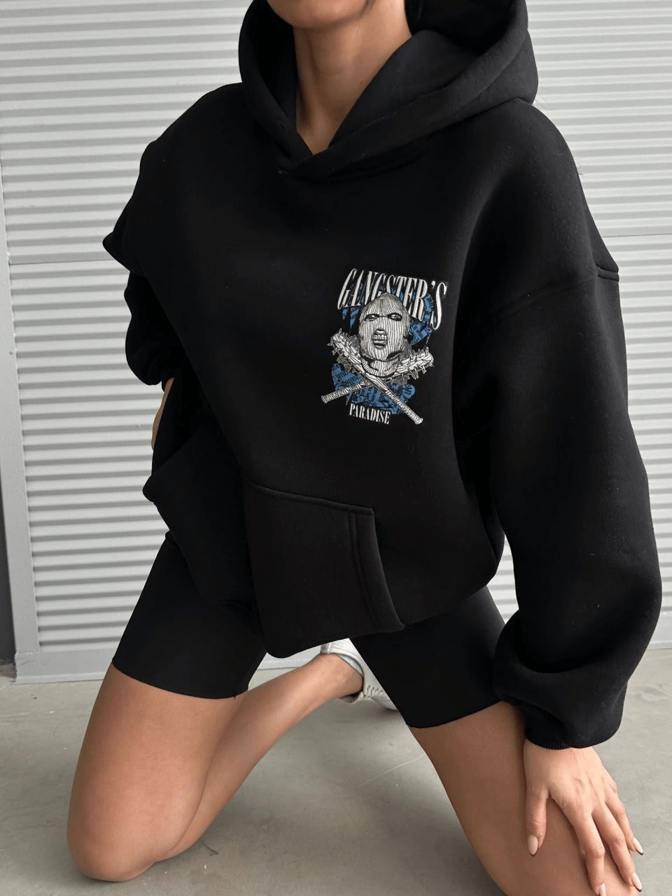 3 iplik şardonlu oversize kafa baskılı sweat siyah