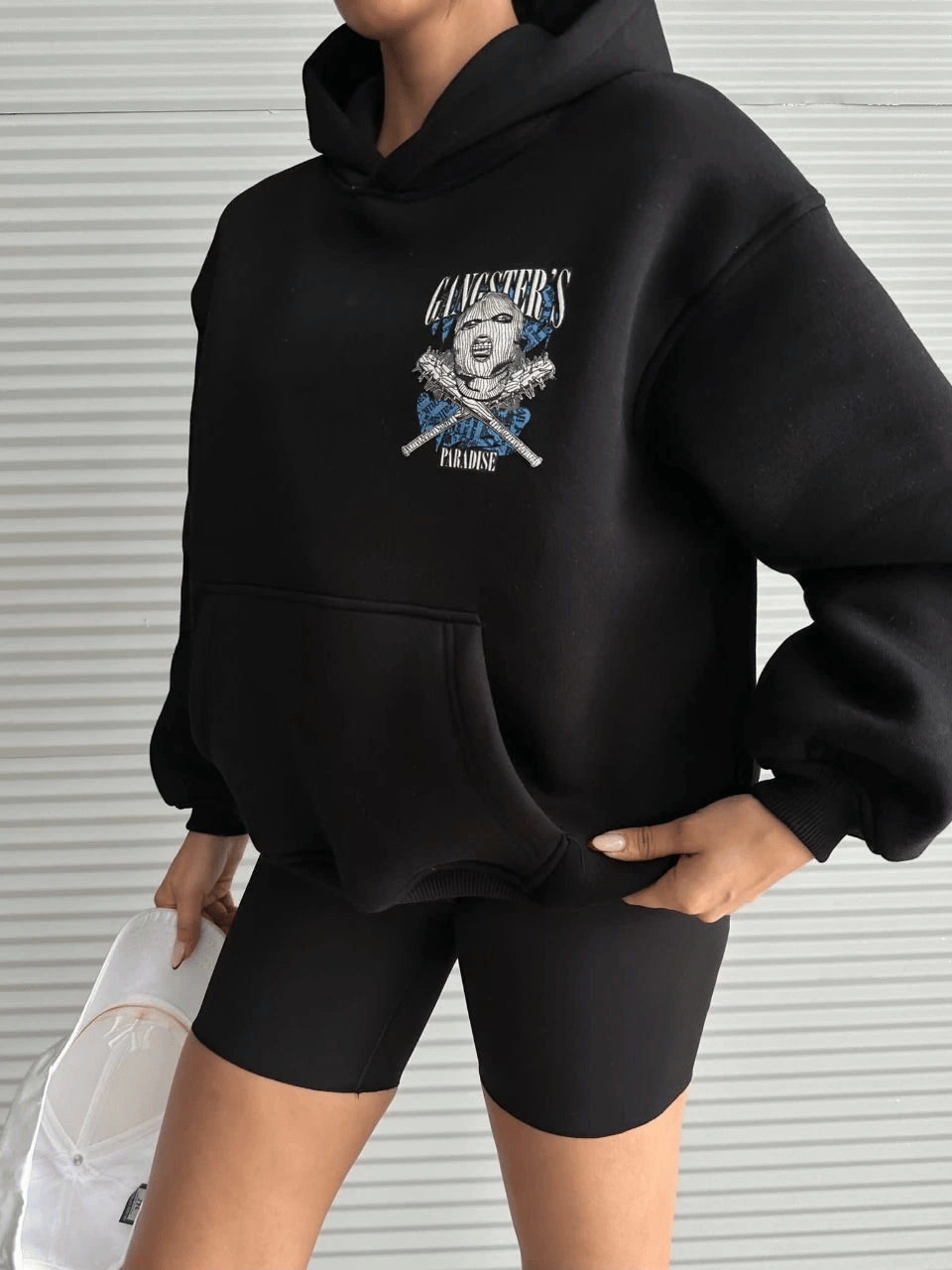 3 iplik şardonlu oversize kafa baskılı sweat siyah