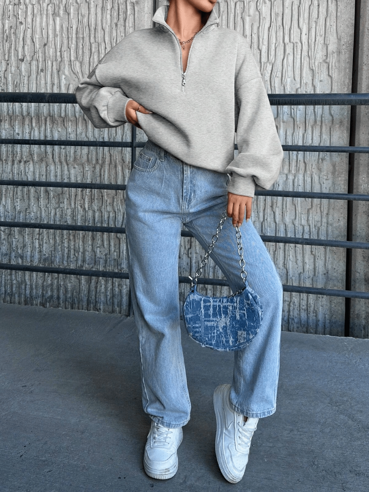 3 iplik Şardonlu yarım fermuarlı sweatshirt gri