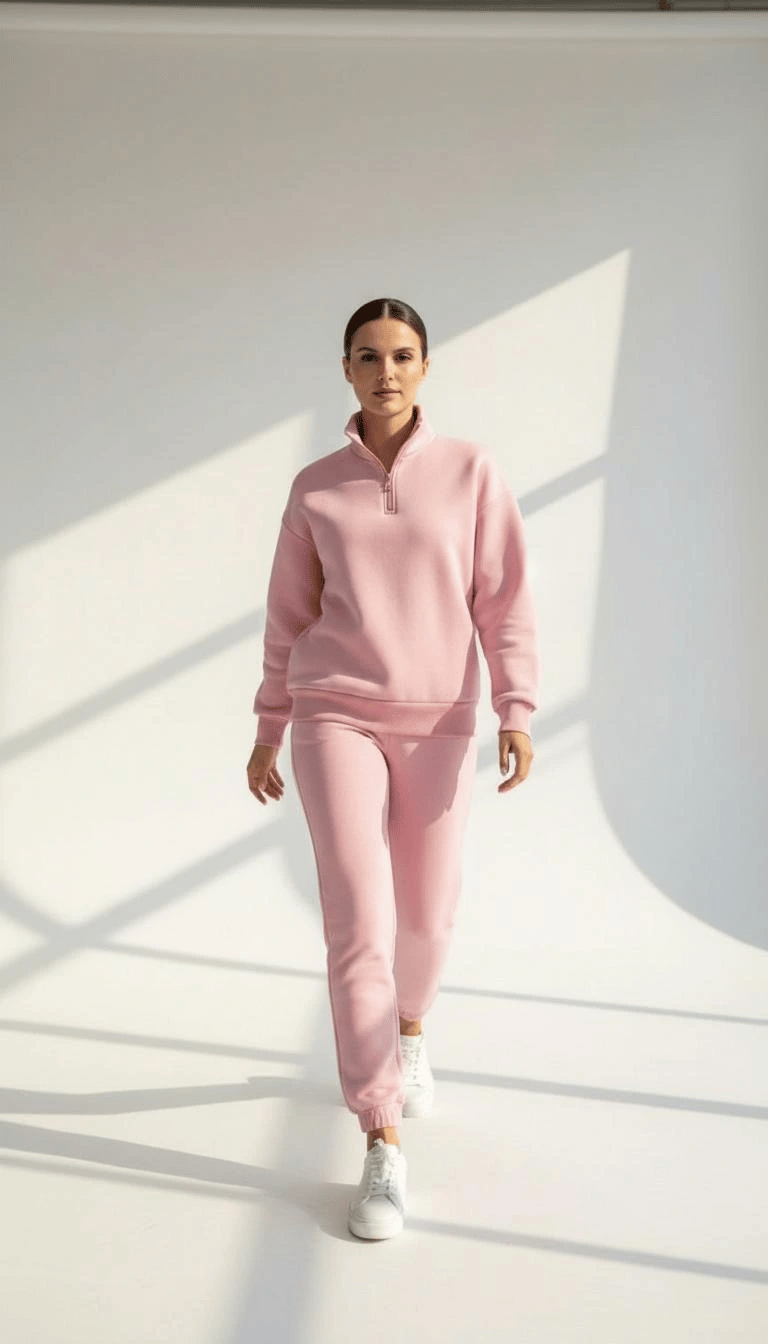 3 iplik Şardonlu yarım fermuarlı sweatshirt somon