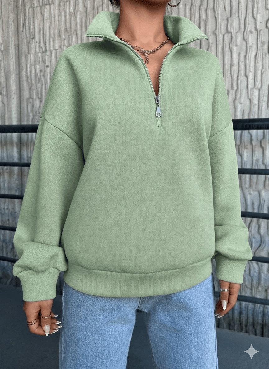 3 iplik Şardonlu yarım fermuarlı sweatshirt mint