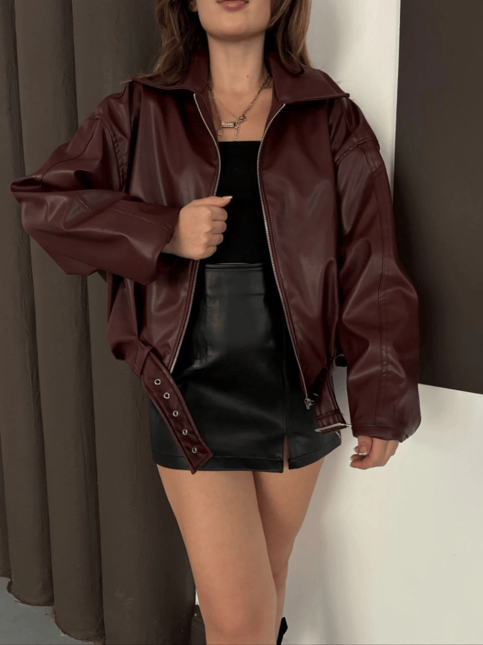Astarlı kemerli pb deri ceket bordo onst