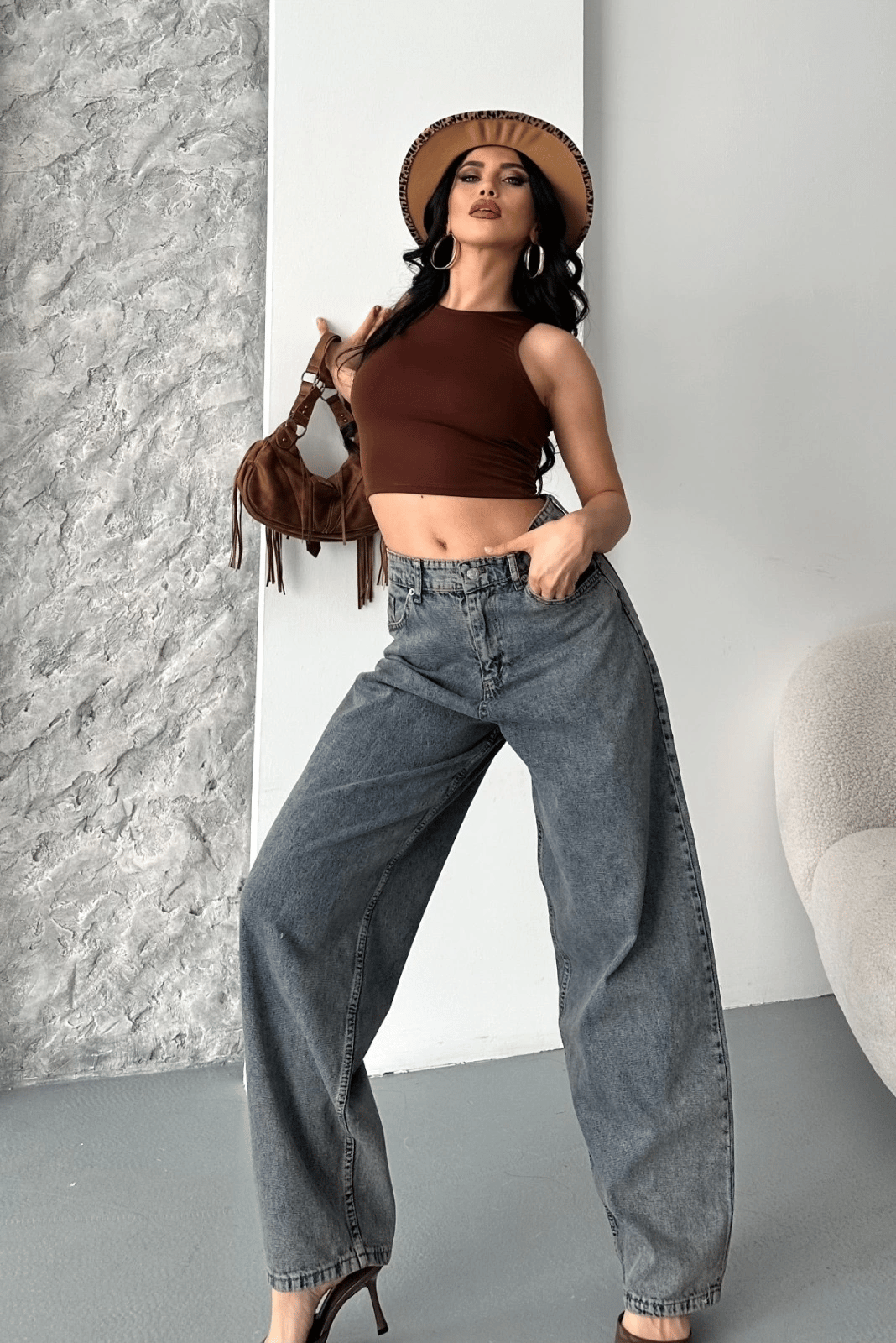 Baggy kar yıkama eskitme kahve jeans pantolon d2007