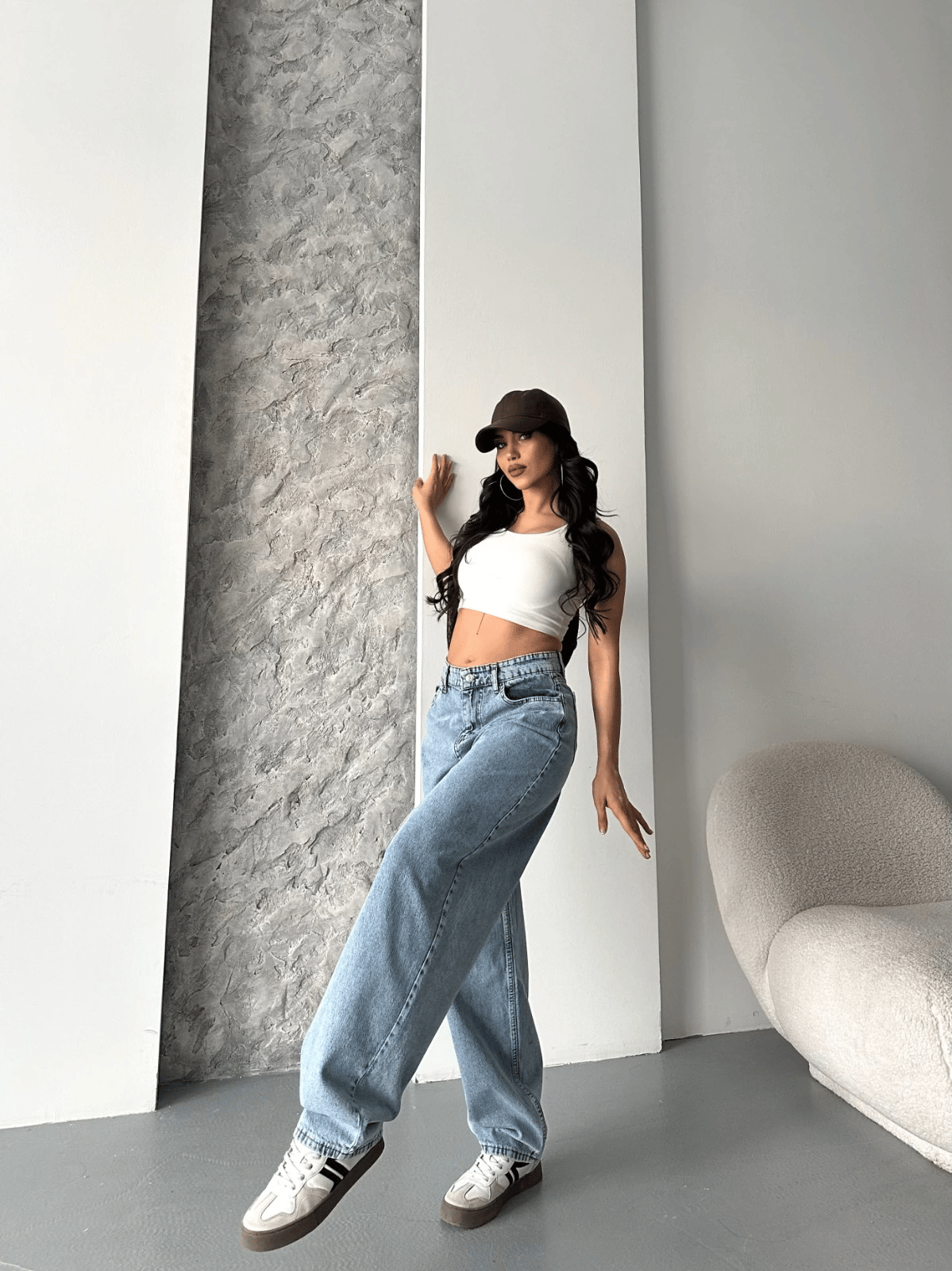 Baggy kar yıkama orta mavi jeans pantolon d2007