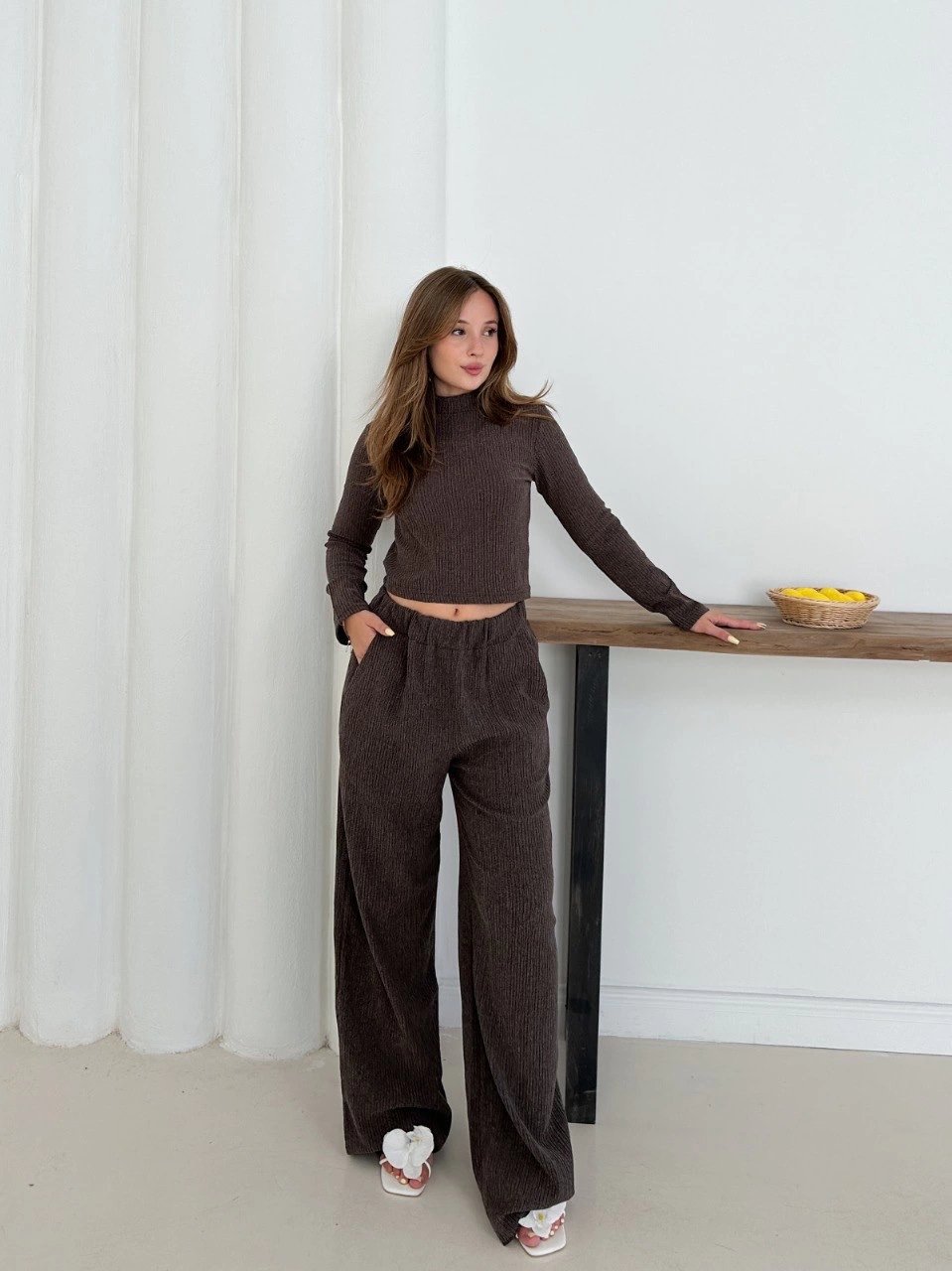 Balıkçı yaka örme takım kahve st265865