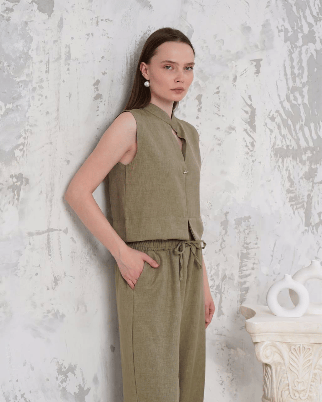 Broşlu yelek pantolon takım haki s255821