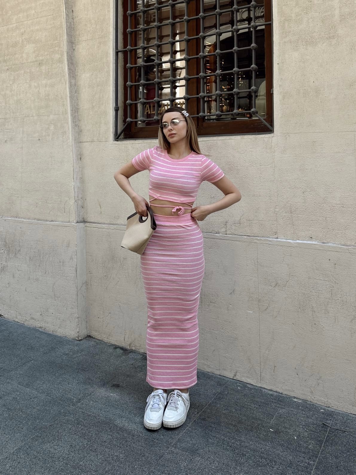 Çizgili etekli takım pembe s3609