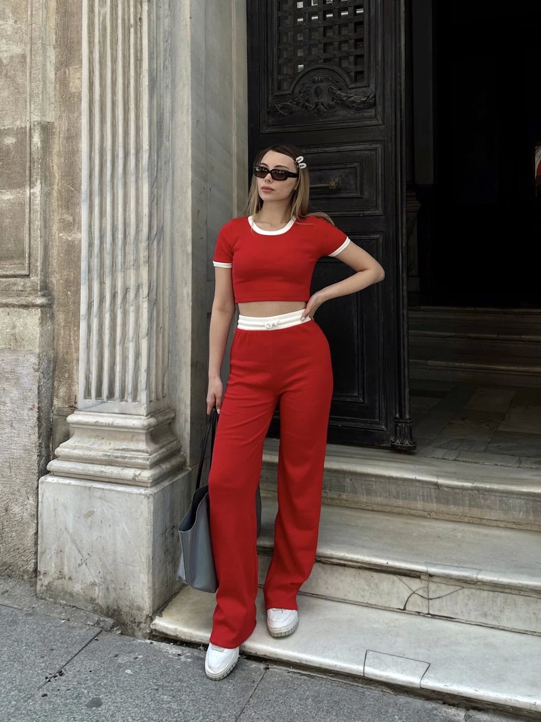 Crop pantolon biyeli takım kırmızı