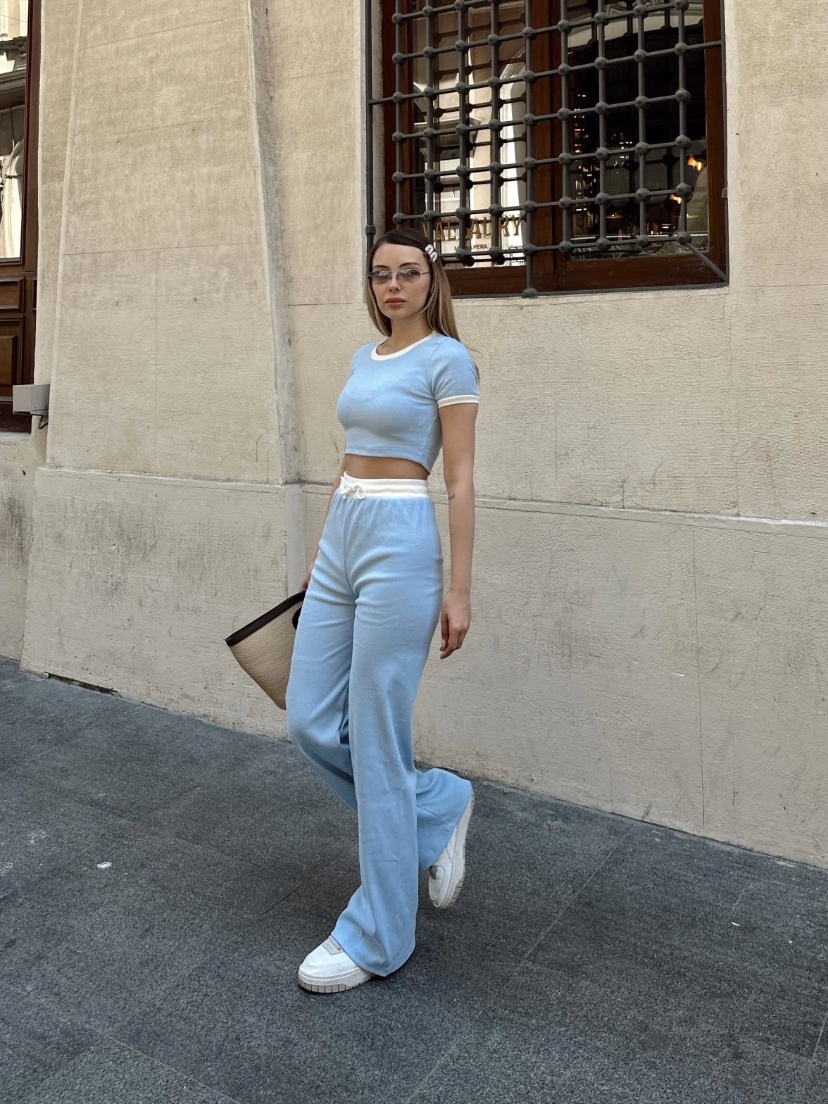 Crop pantolon biyeli takım mavi