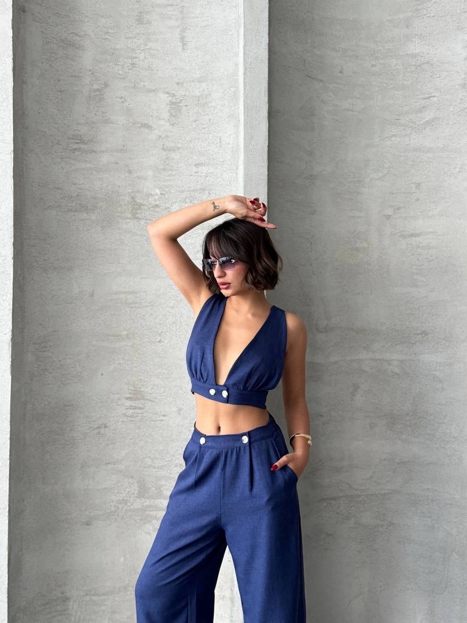 Crop pantolon keten takım s255012