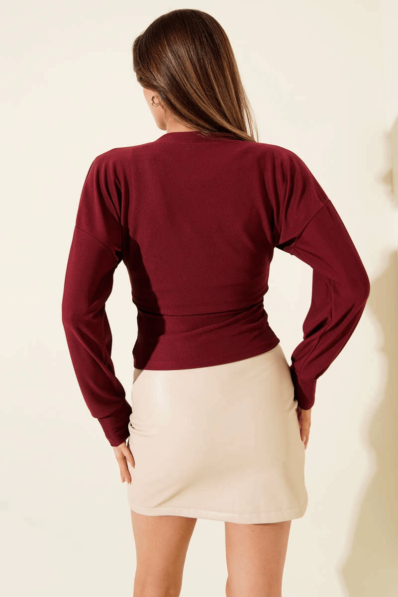 Fitilli Bisiklet Yaka İkili Bluz bordo T4341