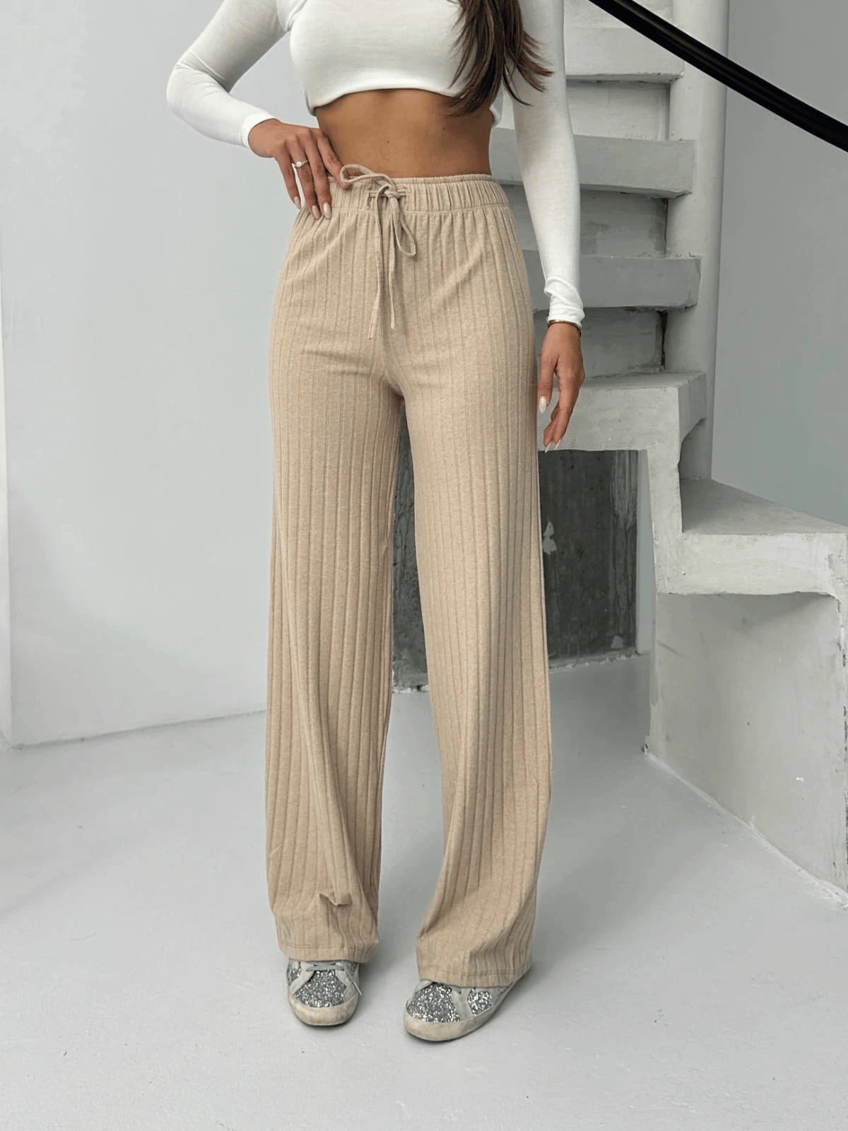 Fitilli şardonlu pantolon bej a4058
