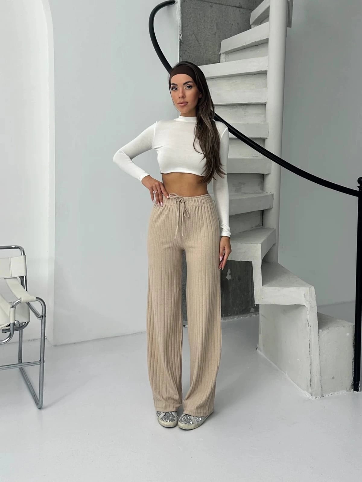 Fitilli şardonlu pantolon bej a4058