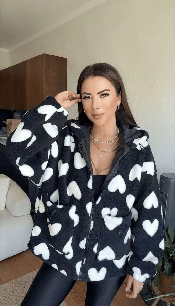 Kalpli peluş ceket içi astarlı siyahbeyaz