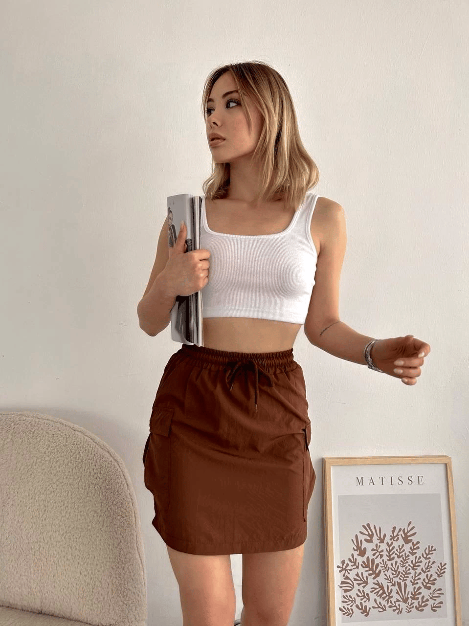 Kargo cep ince paraşüt etek kahve s241019