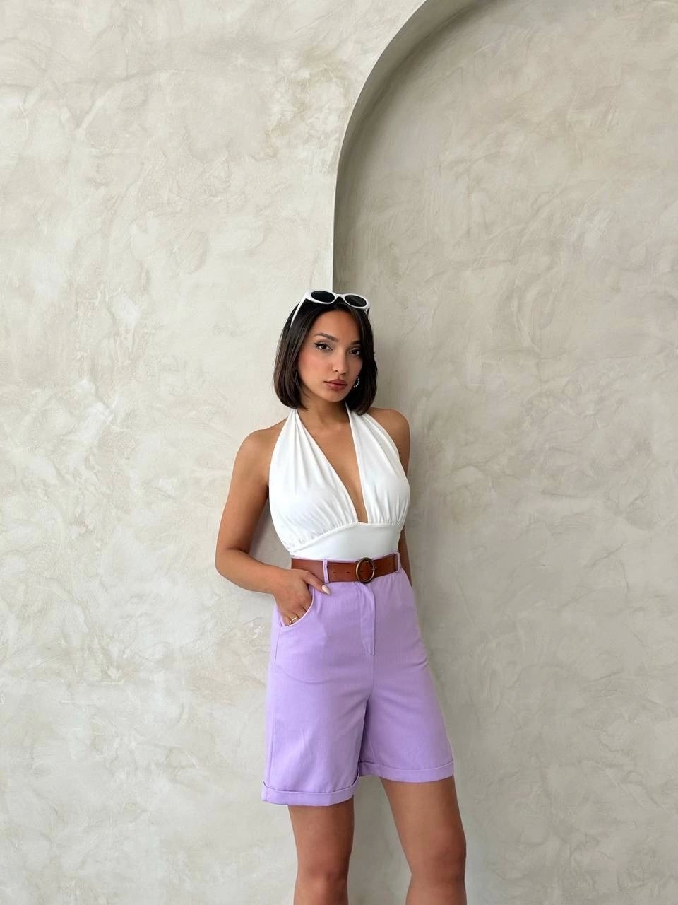 Kemerli gabardin şort lila s25735